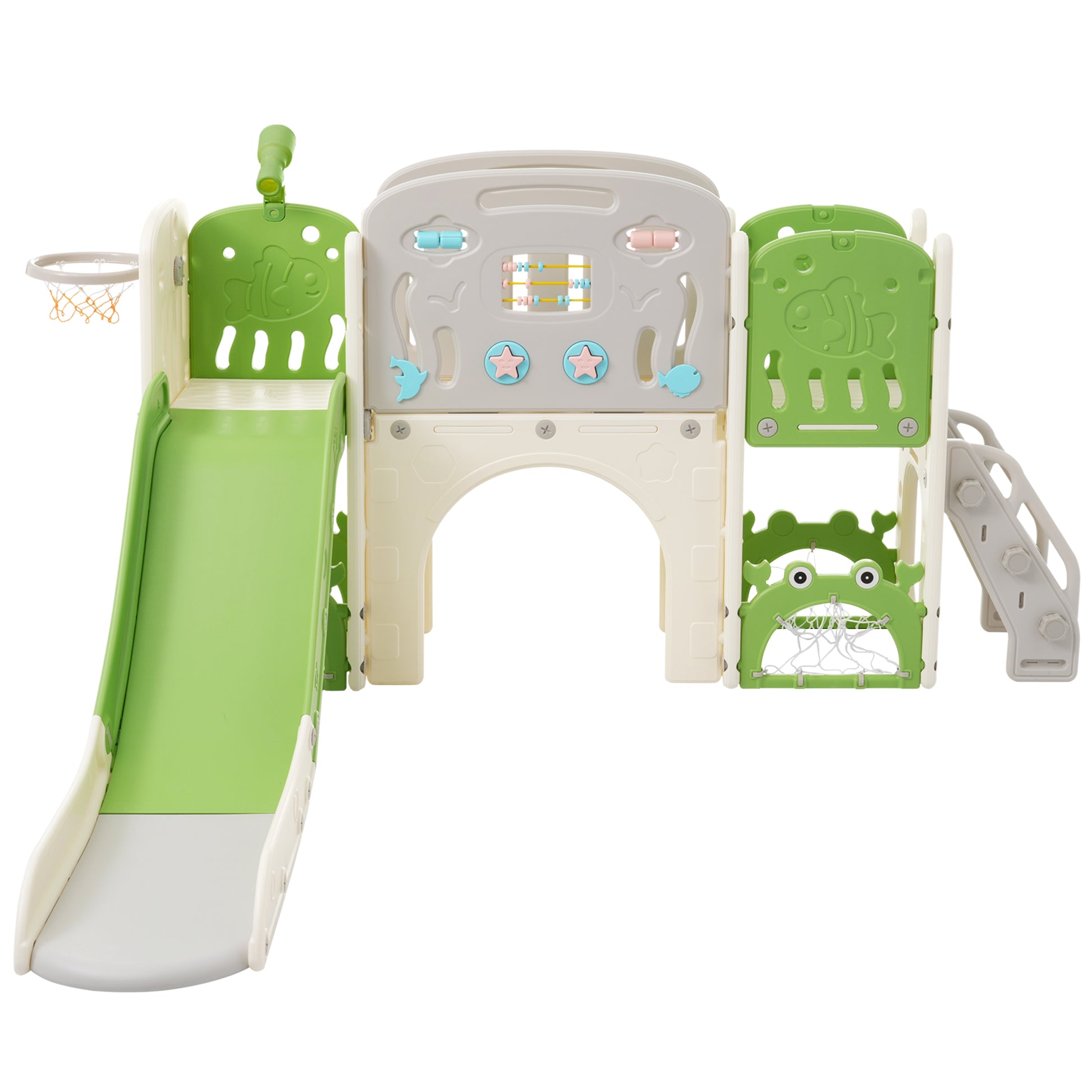 11 In 1 Toddler Slide, Kids Slide For Toddler Age 1 3 With Basketball Hoop, Kids Slide Playset Structure,Arch Tunnel And Telescope, Toy Storage Organizer For Toddlers, Kids Climbers Playground Green Cute 1 To 2 Years Hdpe Indoor & Outdoor Use