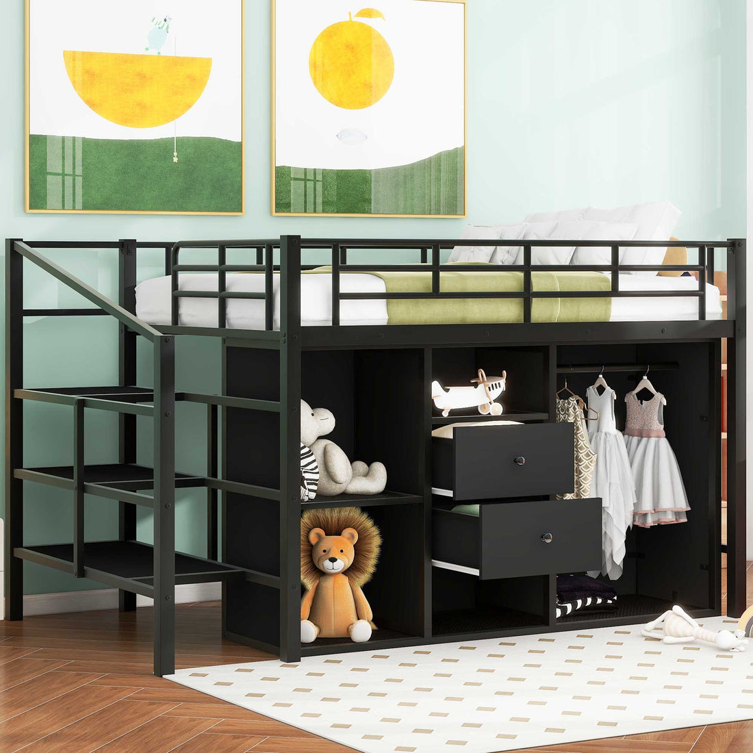 Full Size Metal Loft Bed With Drawers, Storage Staircase And Small Wardrobe Full Black Mdf Metal