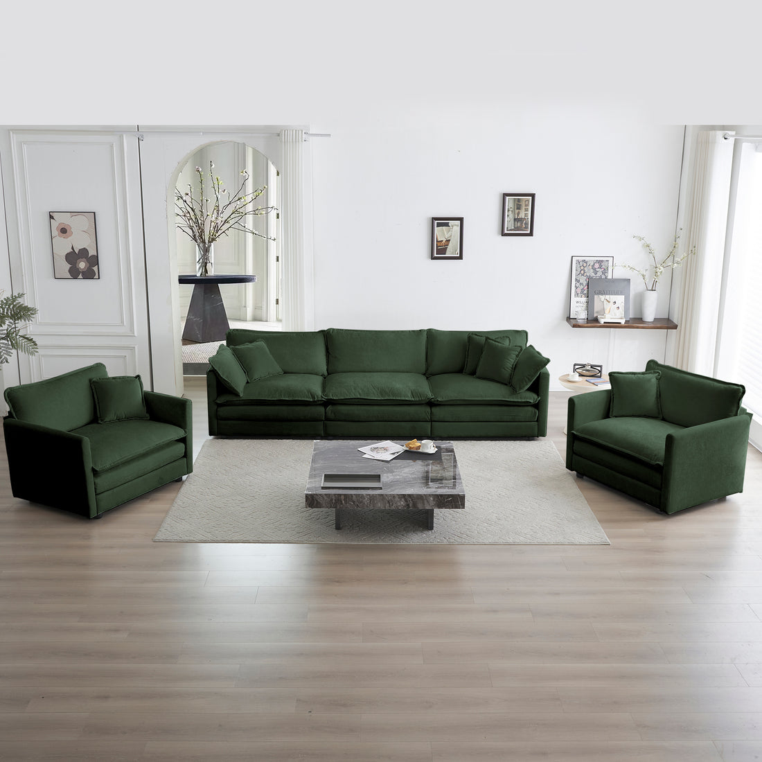 Sofa Set Of 3, 1 1 3 Seats Living Room Sofa Set, Accent Chair, Loveseat, And Three Seat Sofa Modern Style Round Arms 3 Piece Sofa Set, Green Chenille Green Chenille 5 Seat