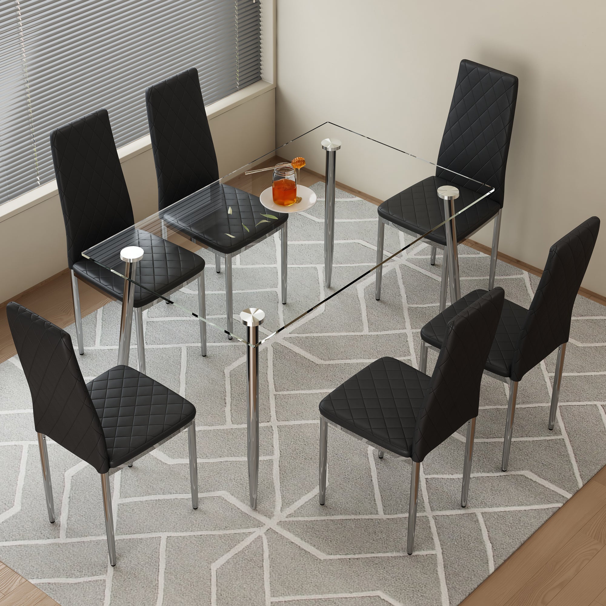 Table And Chair Set.Rectangular Dining Table With Tempered Glass Tabletop And Silver Plating Metal Legs.Paired With 6 Checkered Armless High Back Black Chairs With Electroplated Metal Legs. Black Seats 6 Glass Metal