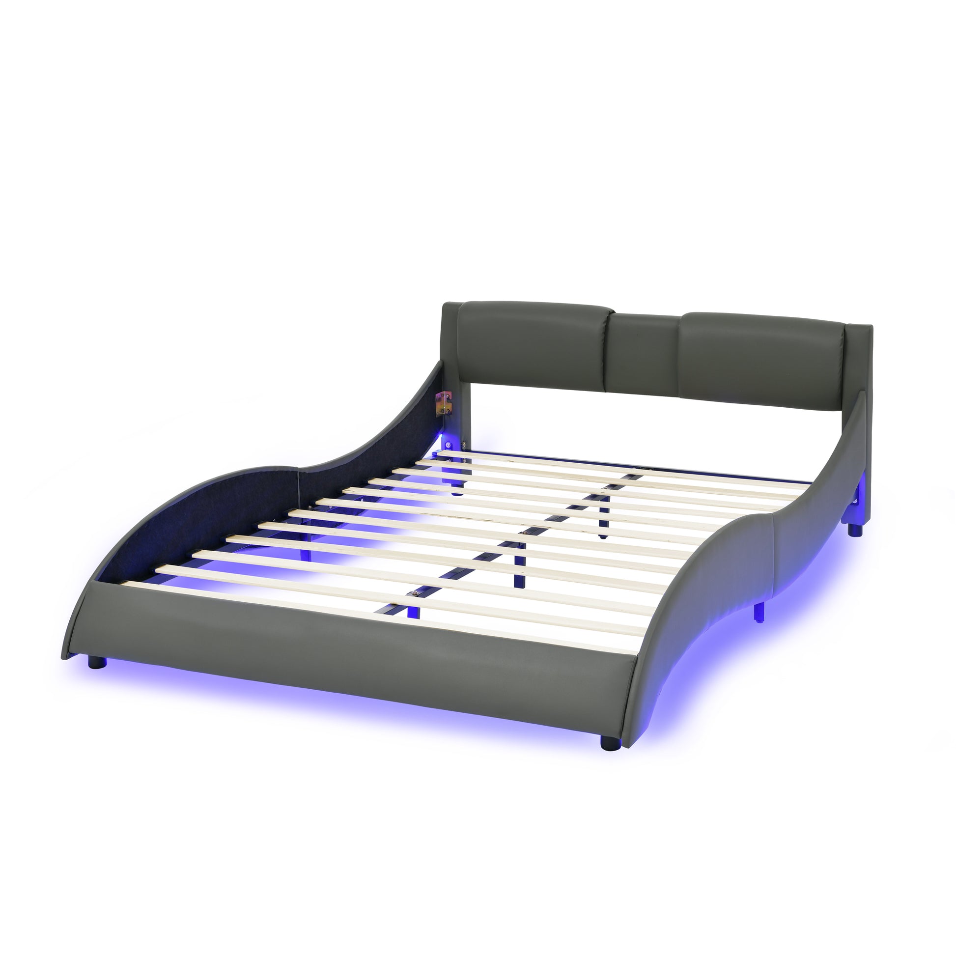 Queen Led Bed Frame Modern Faux Leather Upholstered Platform Bed Frame With Rgb Led Lights And Headboard Wave Like Curve Low Profile Bed Frame,Wood Slats Support,Easy Assembly, Grey Queen Grey Pu
