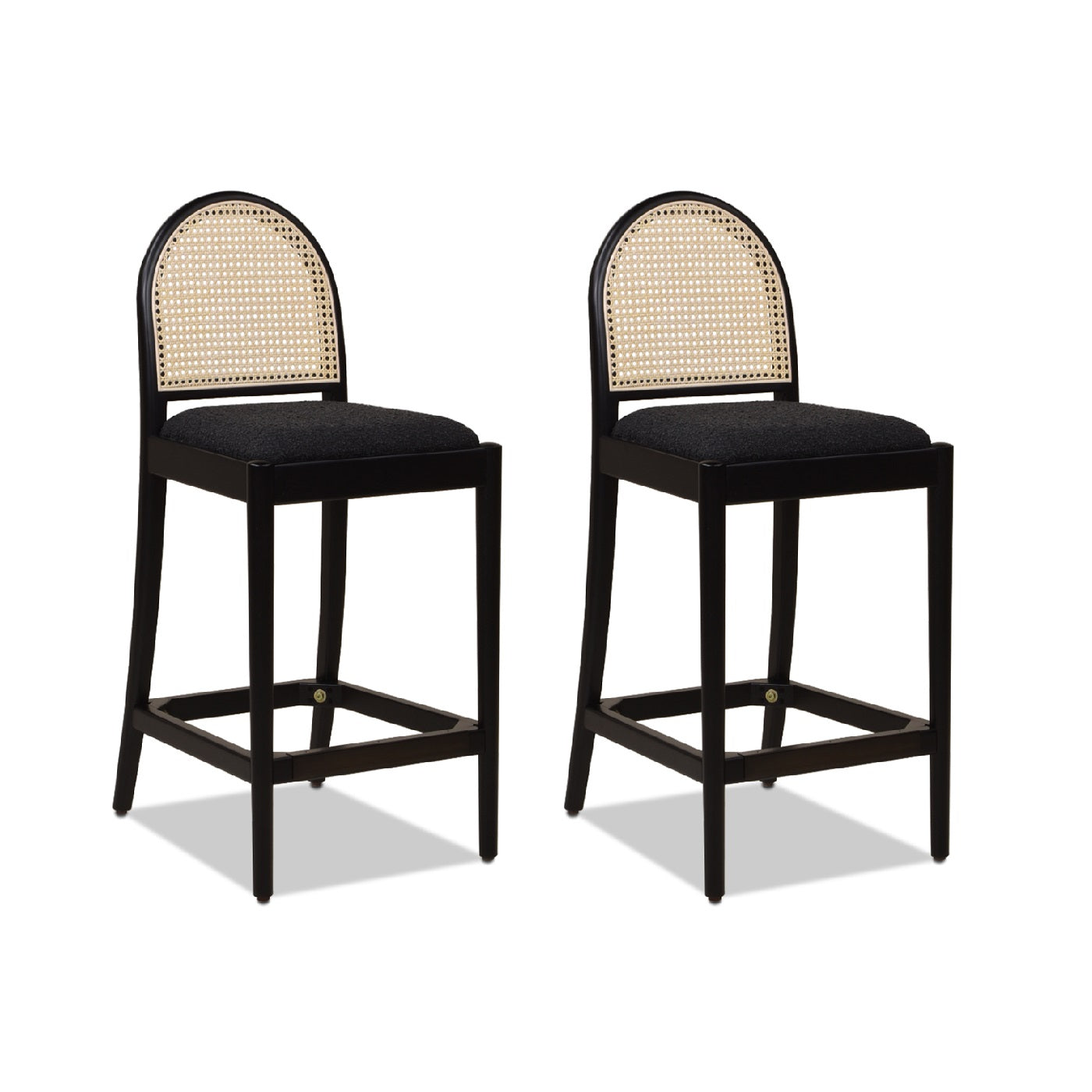 Panama 26.5" Curved Back Cane Rattan Counter Stool, Set Of 2, Ebony Black Boucle Black Foam Wood Fabric Rattan