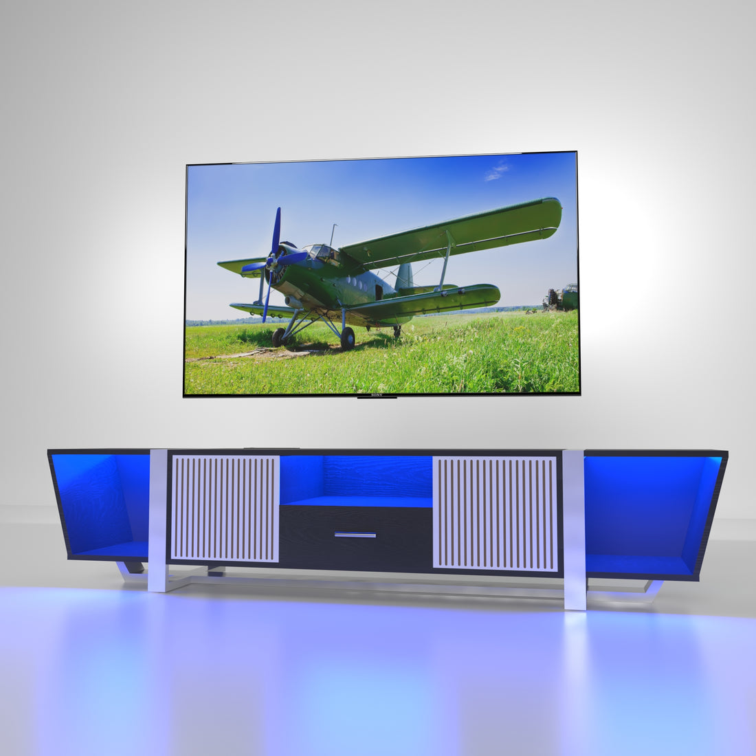 Tv Console With Large Storage Cabinets, Biplane Shape Design Led Tv Stand With Remote Control, Multiple Modes Changing Lights Modern Entertainment Center With Power Cord, Black Black Primary Living Space 70 Inches 60 69 Inches Modern 70 Inches Particle