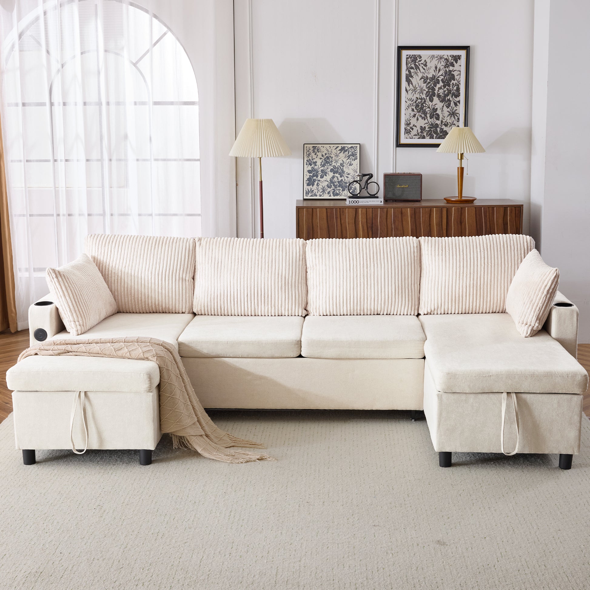 111.8" Sectional Sofa Pull Out Sofa Bed Versatile Sofa Sleeper With Large Storage Space, Two Usb Ports And Two Cup Holders For Living Room, Beige Beige Foam Chenille 4 Seat