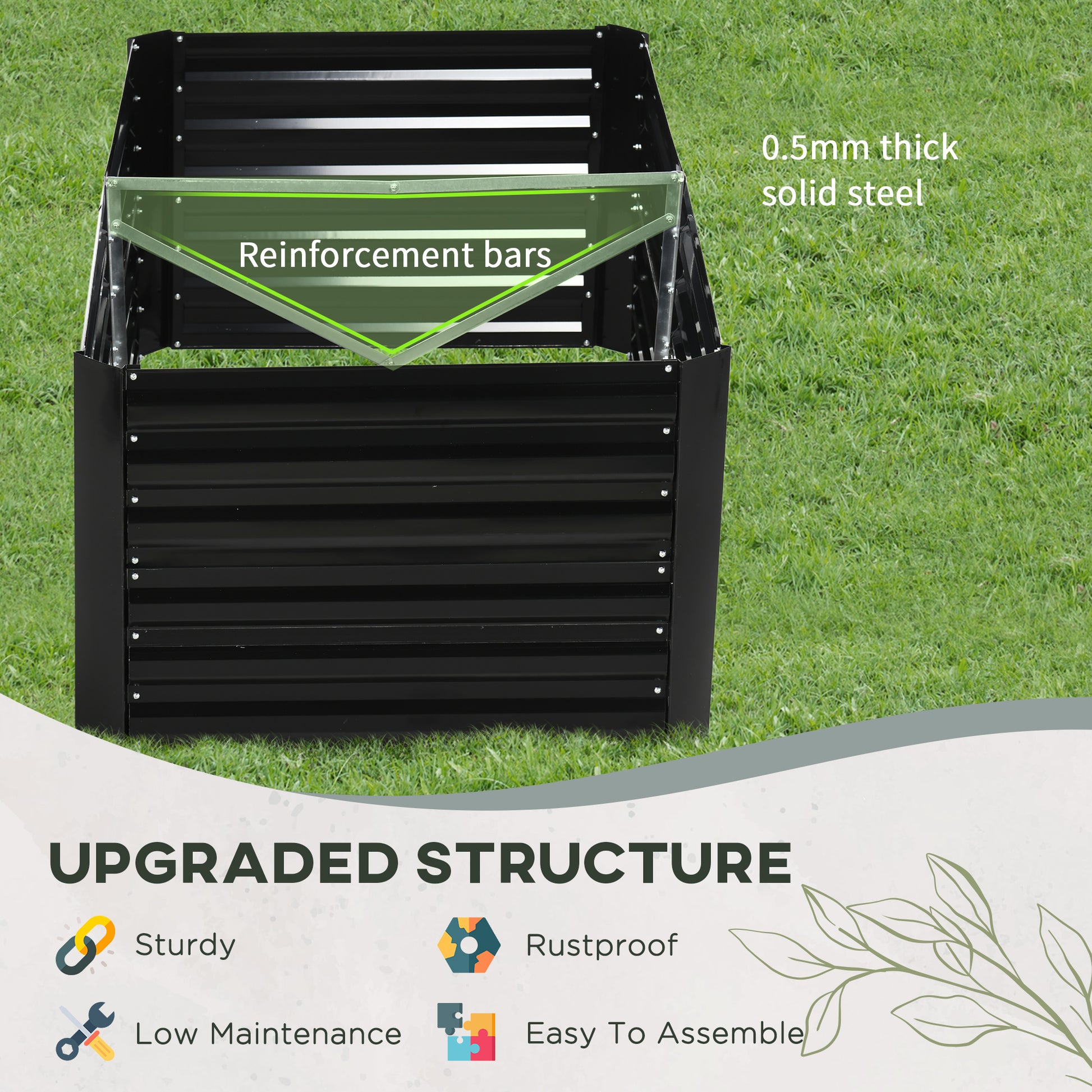 Outsunny Galvanized Raised Garden Bed Kit With Reinforcing Bars, Large And Tall Metal Planter Box For Vegetables, Flowers And Herbs, 6' X 3' X 2', Black Black Steel