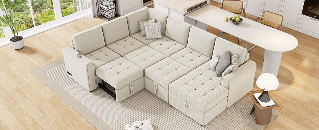 107.5" U Shaped Sofa Sectional Sofa Pull Out Sofa Bed With A Storage Chaise Lounge, Charging Devices For Living Room, Beige Beige Foam Corduroy 5 Seat