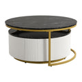 Modern Round Nesting Coffee Table Fluted With Drawer In Black & Gold In 31.5'' Golden Black Drawers Coffee & End Tables Glossy Round Metal Mdf Pedestal