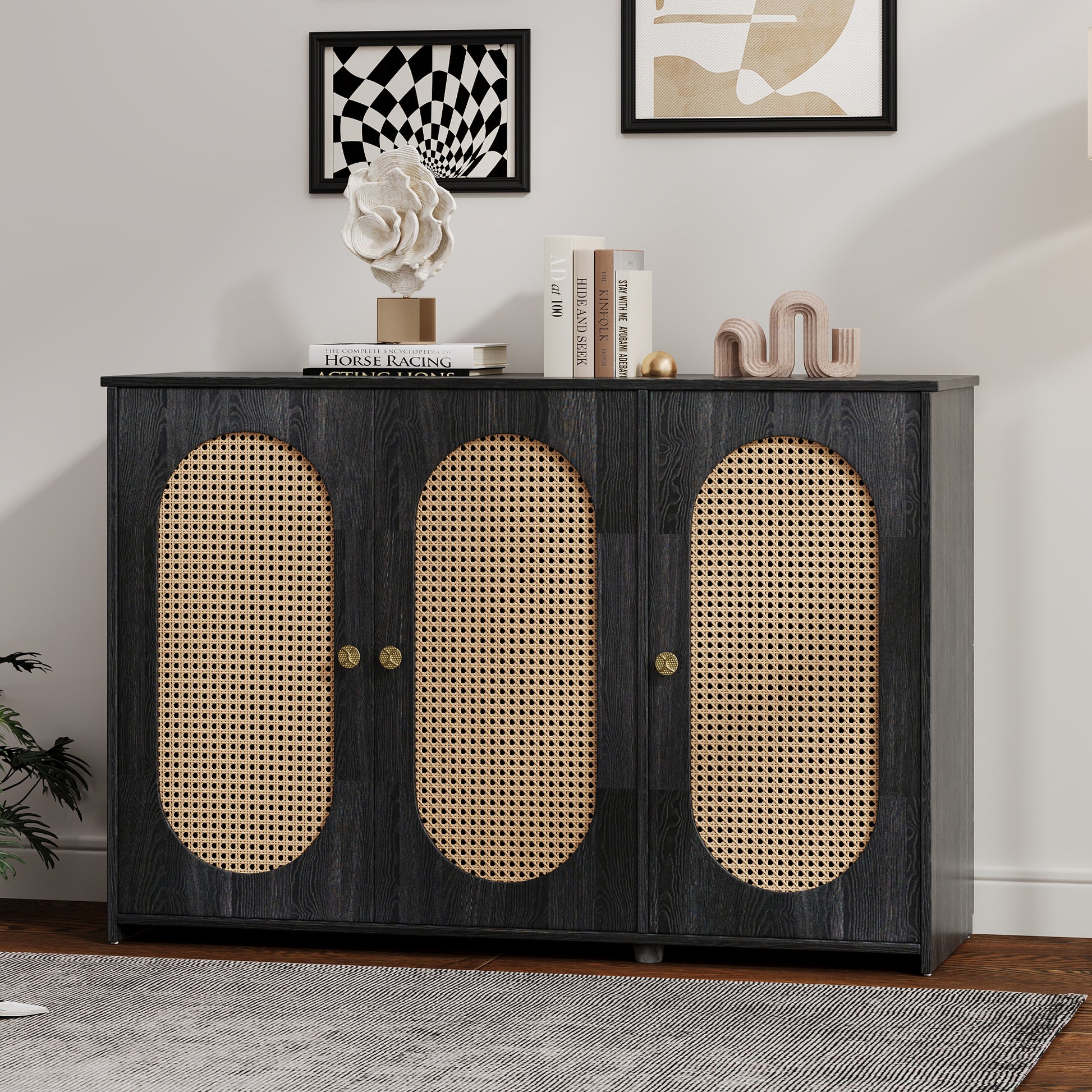 Retro 3 Door Sideboard With Large Storage Space Artificial Rattan Doors And Metal Handles, Accent Cabinet For Living Room And Hallway Antique Black Antique Black Particle Board Mdf