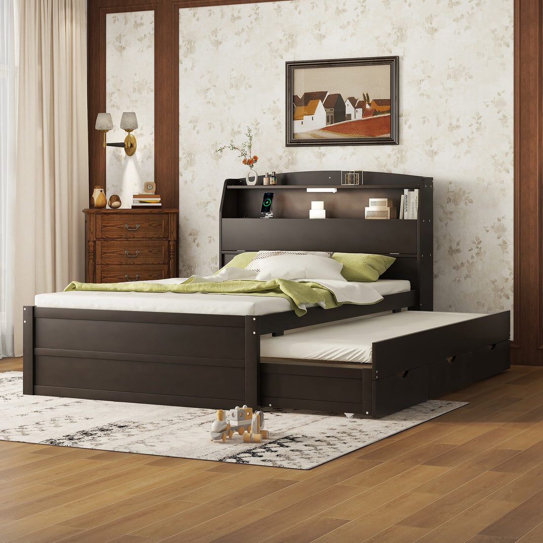Full Size Wooden Led Platform Bed With Trundle, With Storage Headboard, With Drawers, Brown Full Brown Plywood