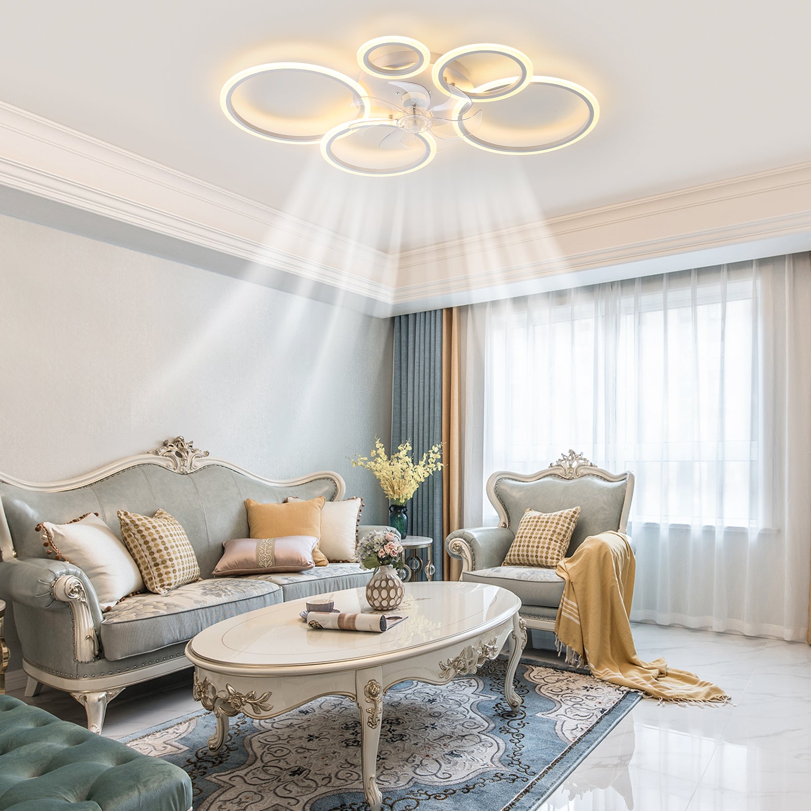 39Inches White Ceiling Fan With Lights, Remote Control And App Control, Dimmable With Remote, 7 Blades, 6 Speeds Of Wind White Modern Iron Plastic