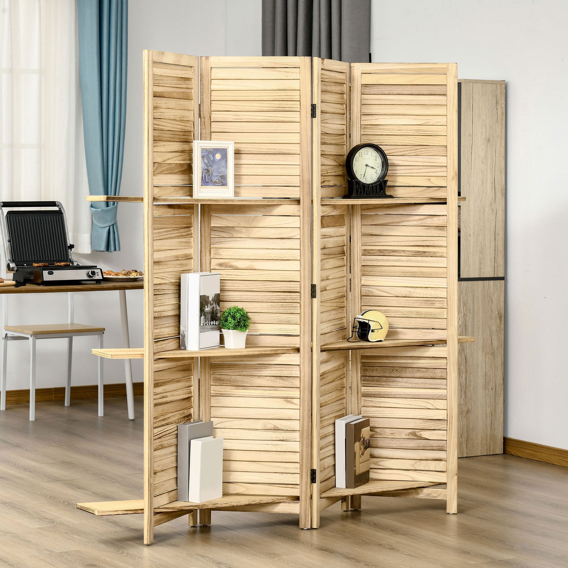 Homcom 4 Panel Folding Room Divider, 5.6 Ft Freestanding Paulownia Wood Privacy Screen Panel With Storage Shelves For Bedroom Or Office, Natural Wood Color Natural Wood Wood