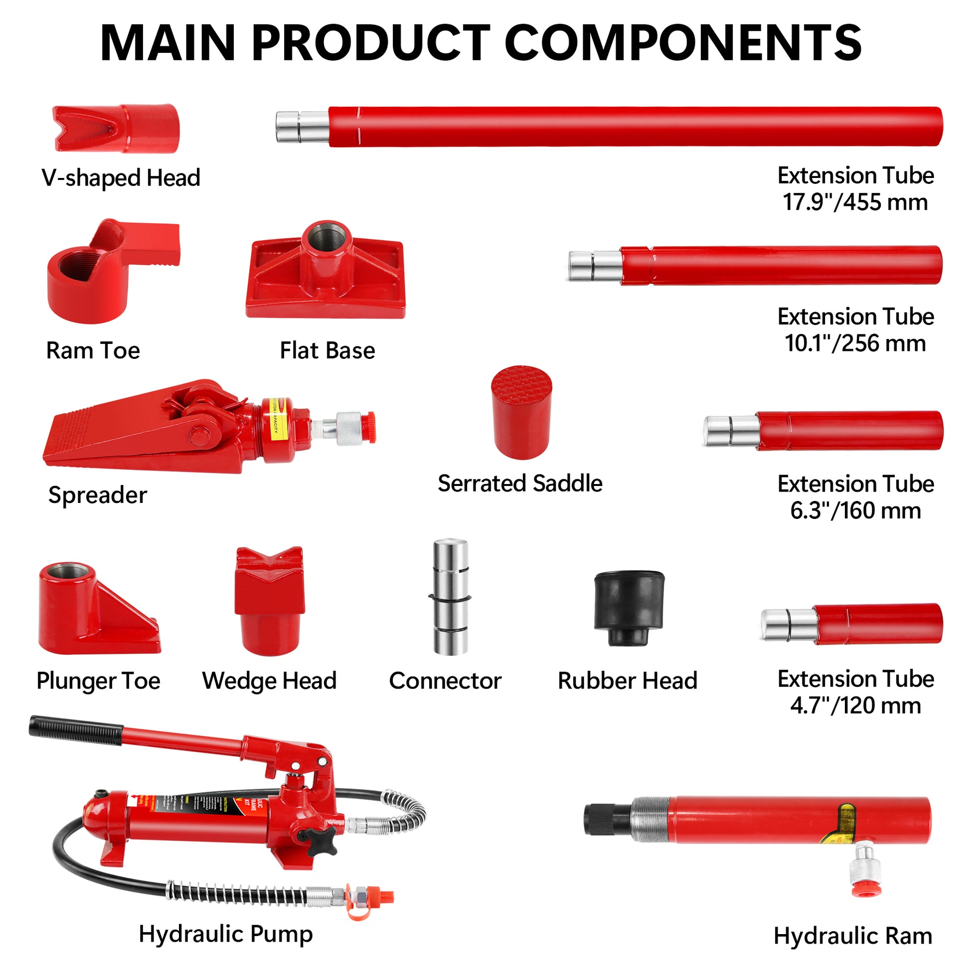 4 Ton Porta Power Kit, Portable Hydraulic Jack With Oil Hose, Auto Body Frame Repair Kit With Storage Case For Car Repair, Truck, Farm Red Steel