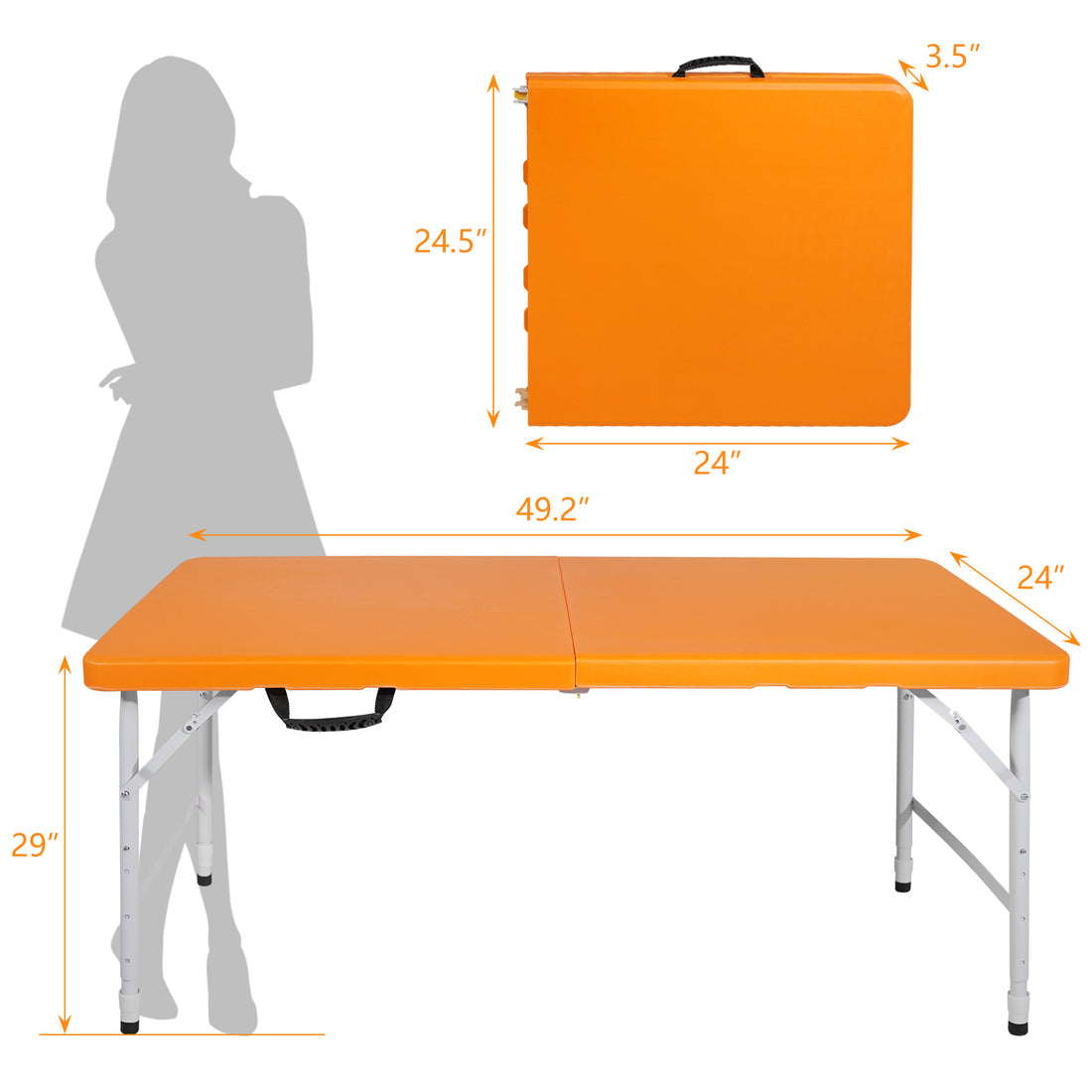 4Ft Orange Portable Folding Table Indoor&Outdoor Maximum Weight 135Kg Foldable Table For Camping Orange Garden & Outdoor Iron Plastic