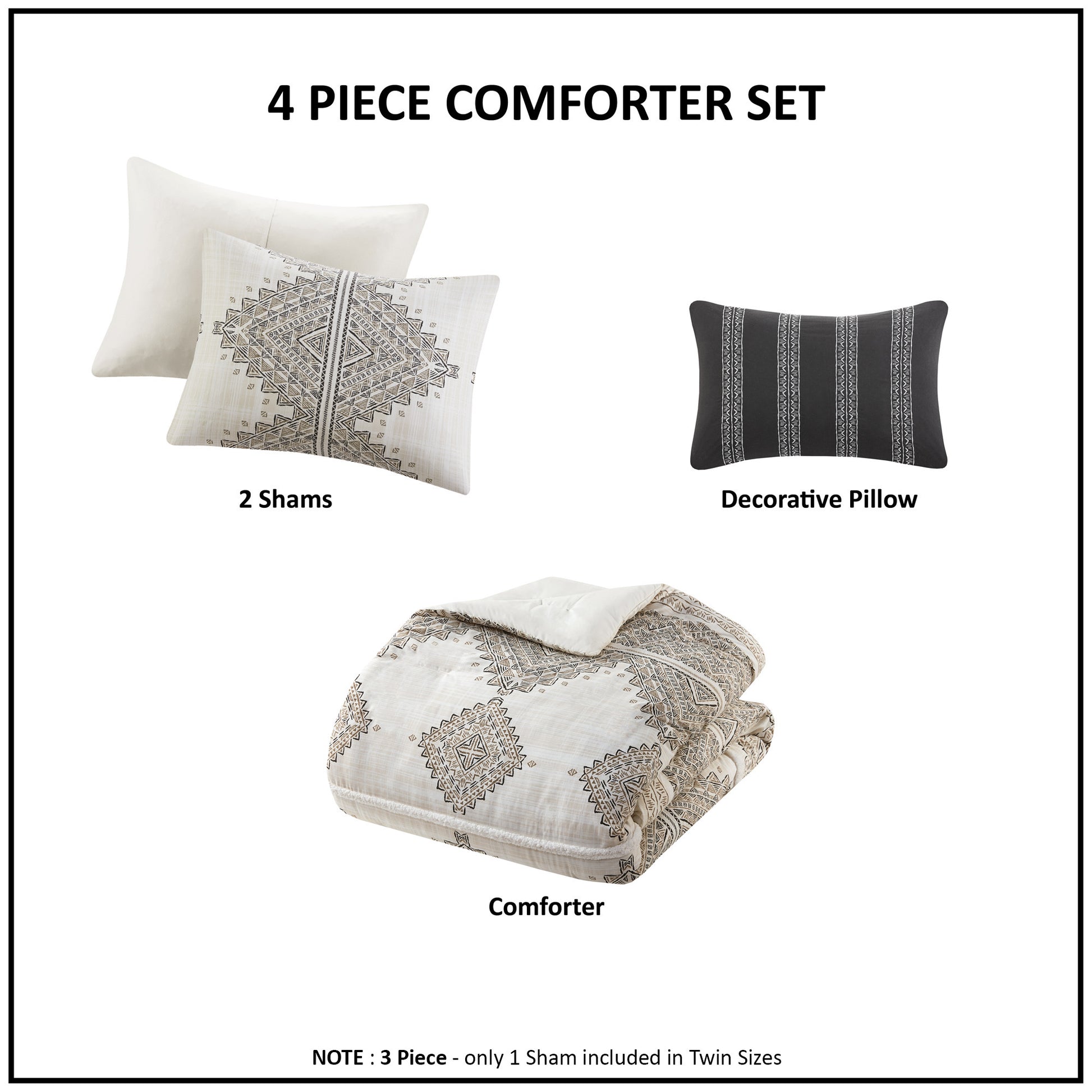 4 Piece Printed Comforter Set With Throw Pillow Black Ivory Full Queen Full Black Ivory Polyester