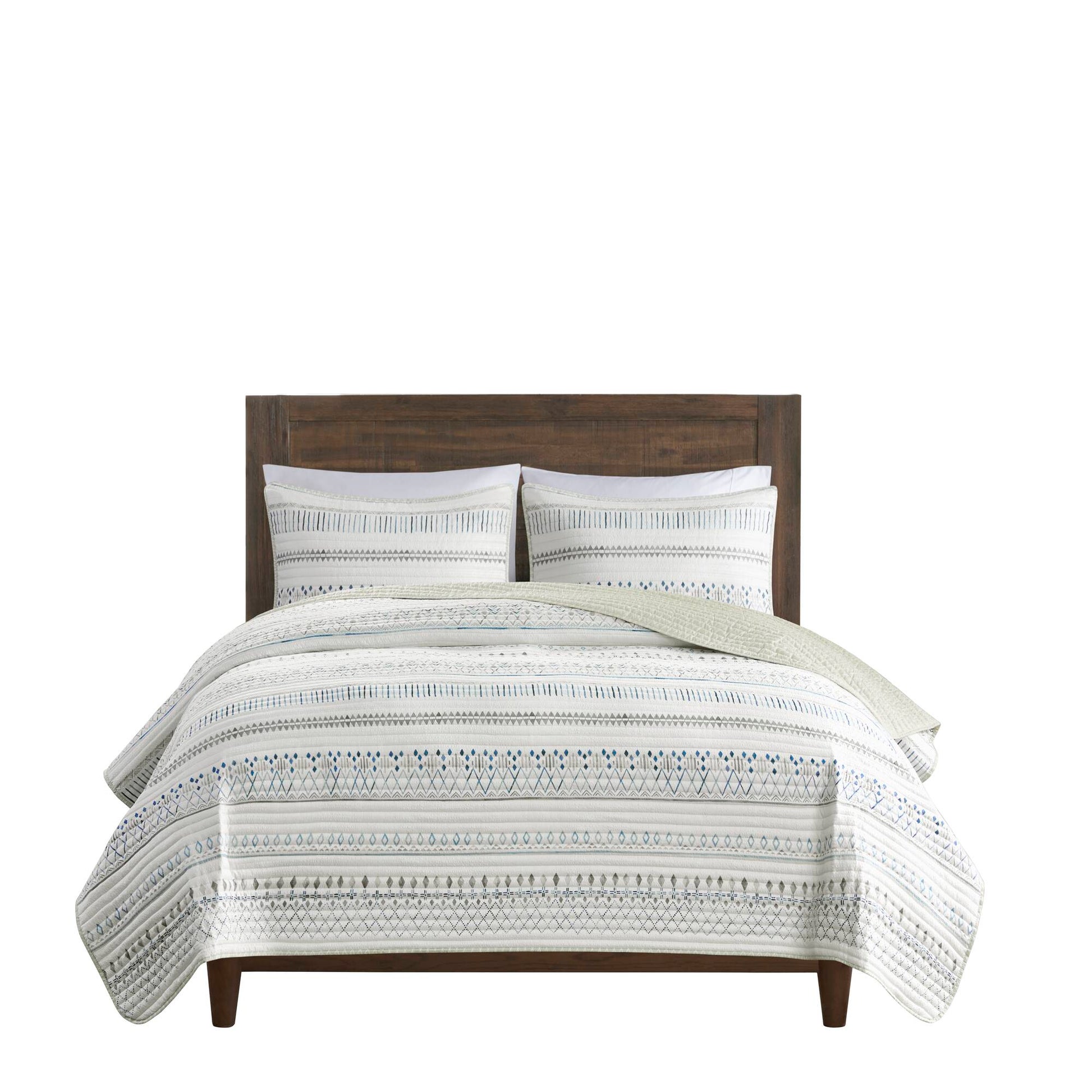 3 Piece Printed Microfiber Seersucker Quilt Set Taupe Blue King Cal King King Taupe Blue Polyester