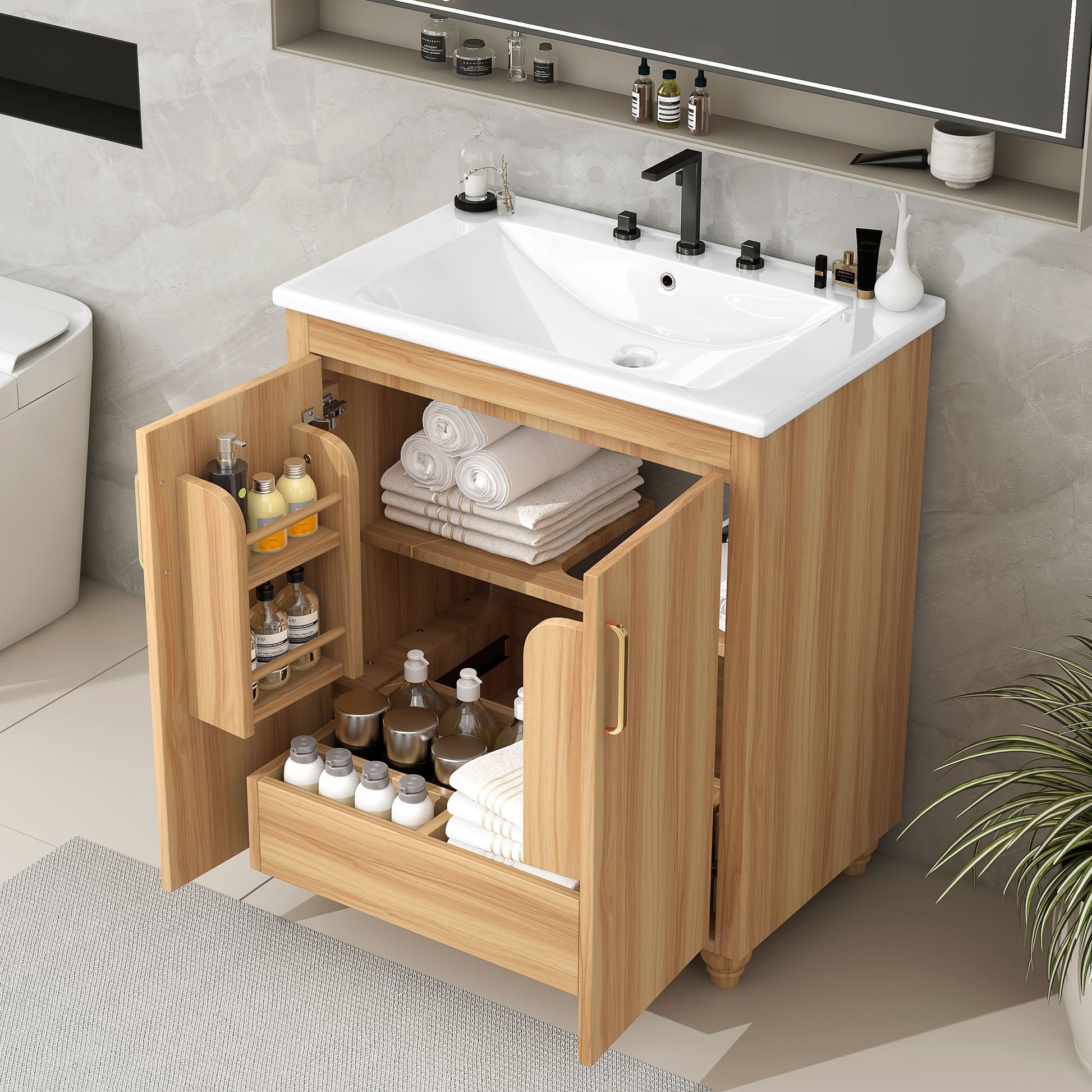 30" Bathroom Vanity With Sink Combo, Multi Functional Bathroom Cabinet With Doors And Drawer, Mdf Board, Natural Natural Solid Wood Mdf