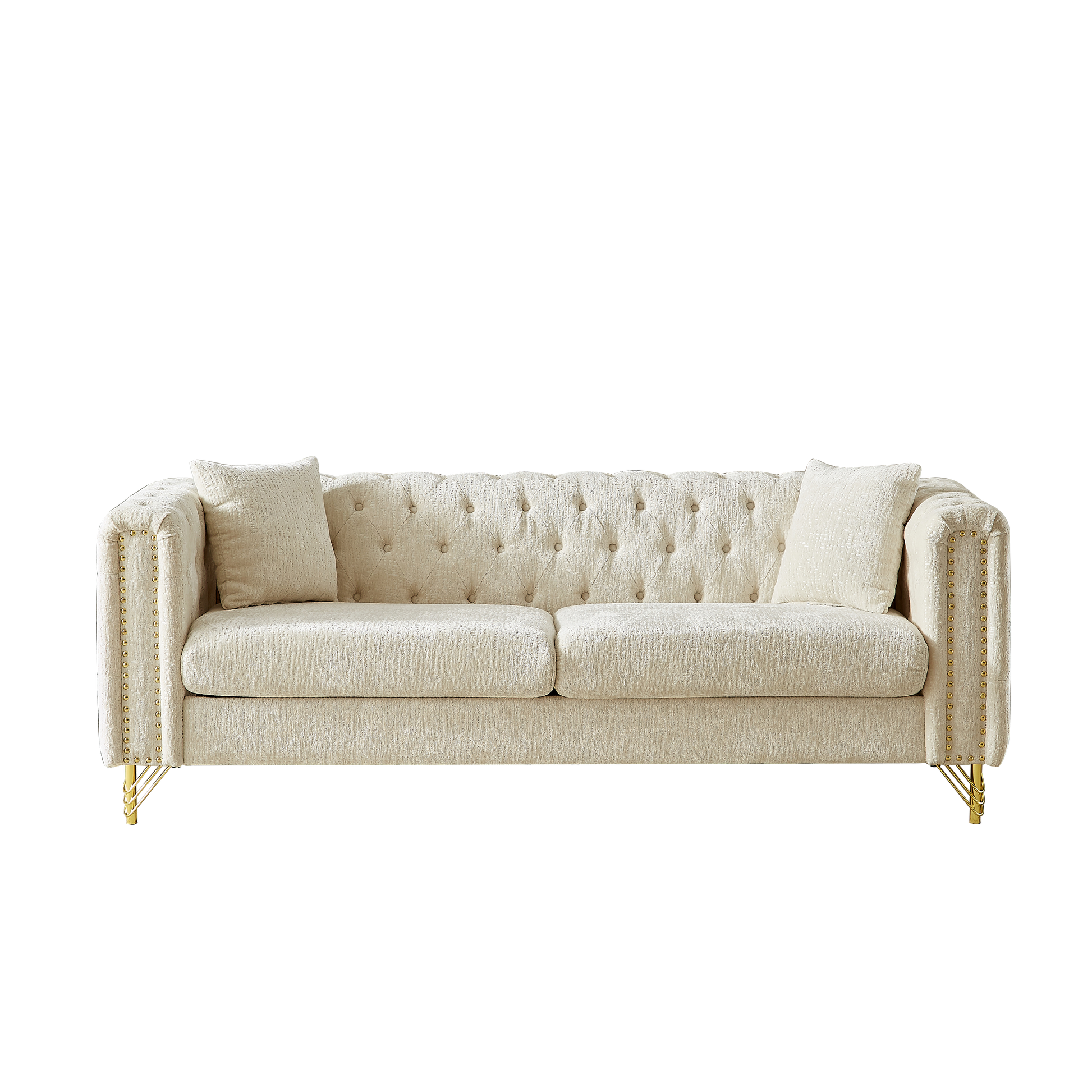82 Inch Chenille Pull Buckle Design Sofa For Living Room,Buttons Tufted With Copper Nail Decoration Armrest, Modern Couch Upholstered Button And Metal Legs Beige Foam Chenille 3 Seat