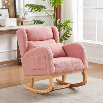 27.2"W Modern Accent High Backrest Living Room Lounge Arm Rocking Chair, Two Side Pocket Pink Foam Fabric