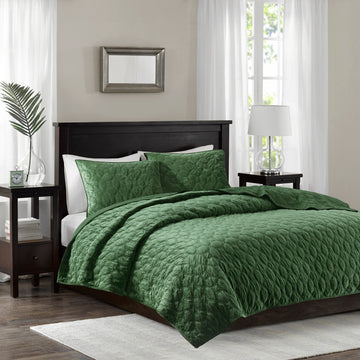 3 Piece Velvet Quilt Set Green King Cal King King Green Cotton