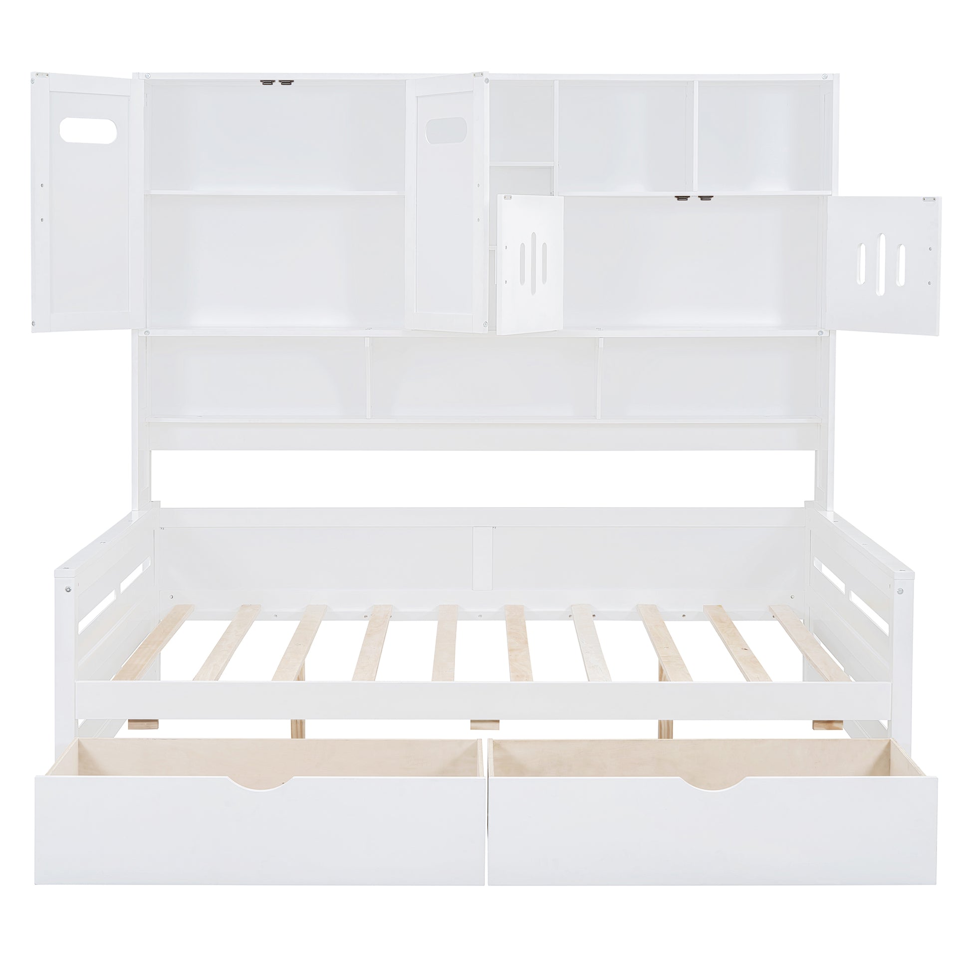 Full Size Wooden Daybed With 2 Drawers, And All In One Cabinet And Shelf, White Full White Wood