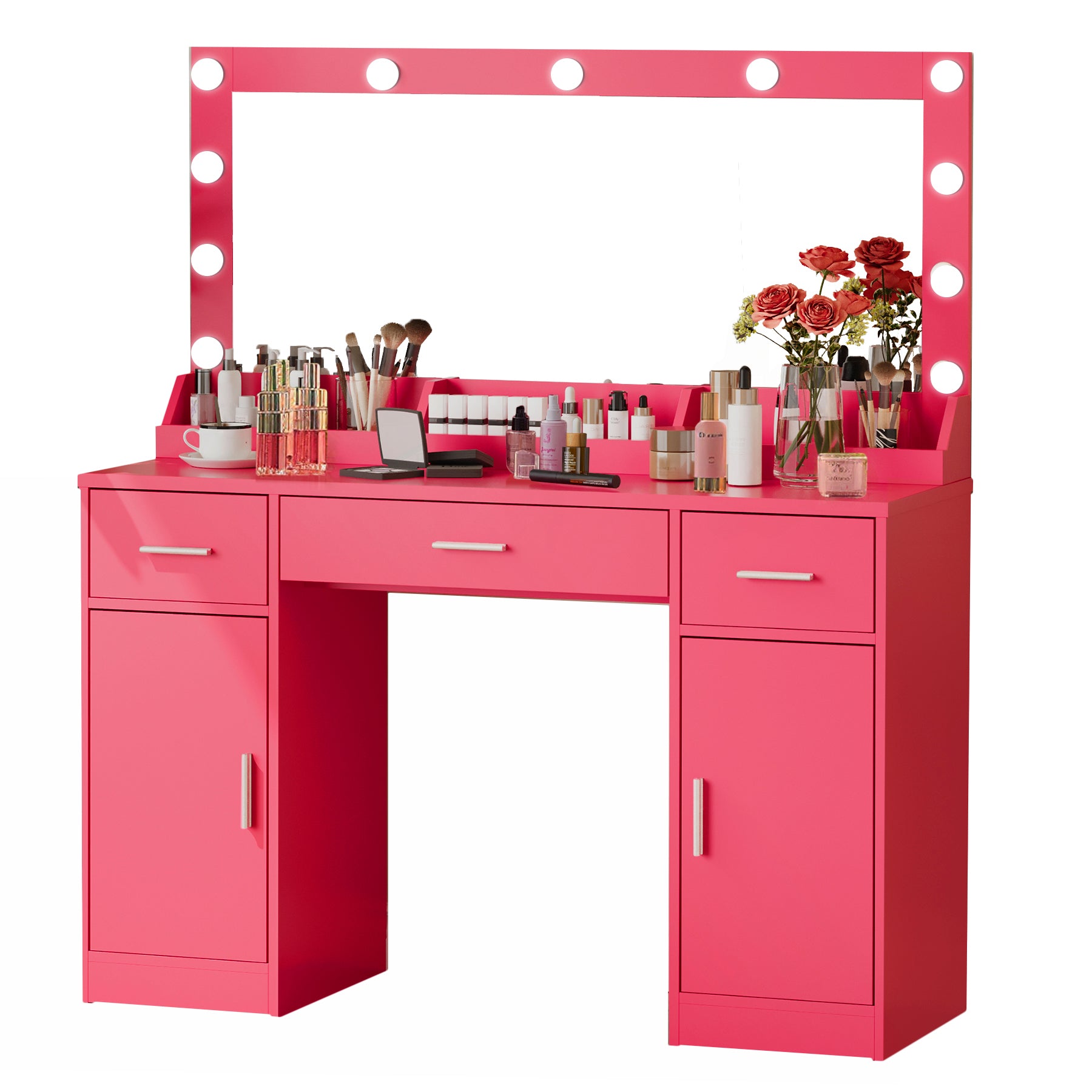 47.2"Vanity Desk With Large Mirror, 3 Colour Lighting Modes, Adjustable Brightness, Dresser With 3 Drawers & 2 Vertical Cabinets, Makeup Vanity Table For Women & Girls Rose Pink Rose Pink Particle Board