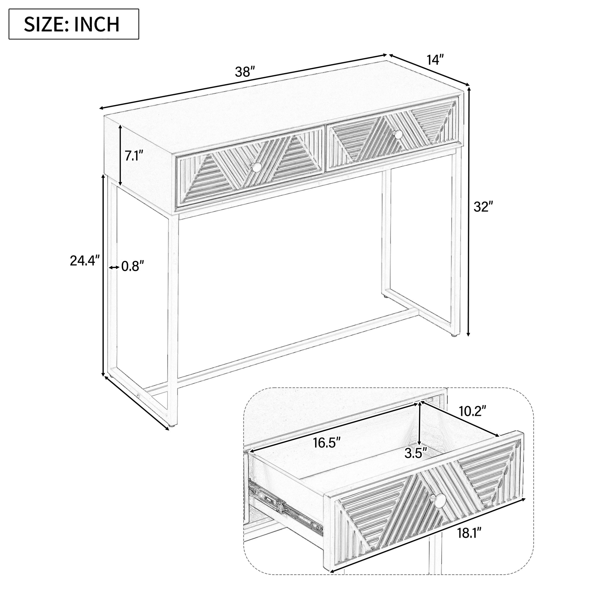 Modern Sleek Console Table Two Drawers With Stripe Design For Living Room And Entryway Grey Grey Mdf