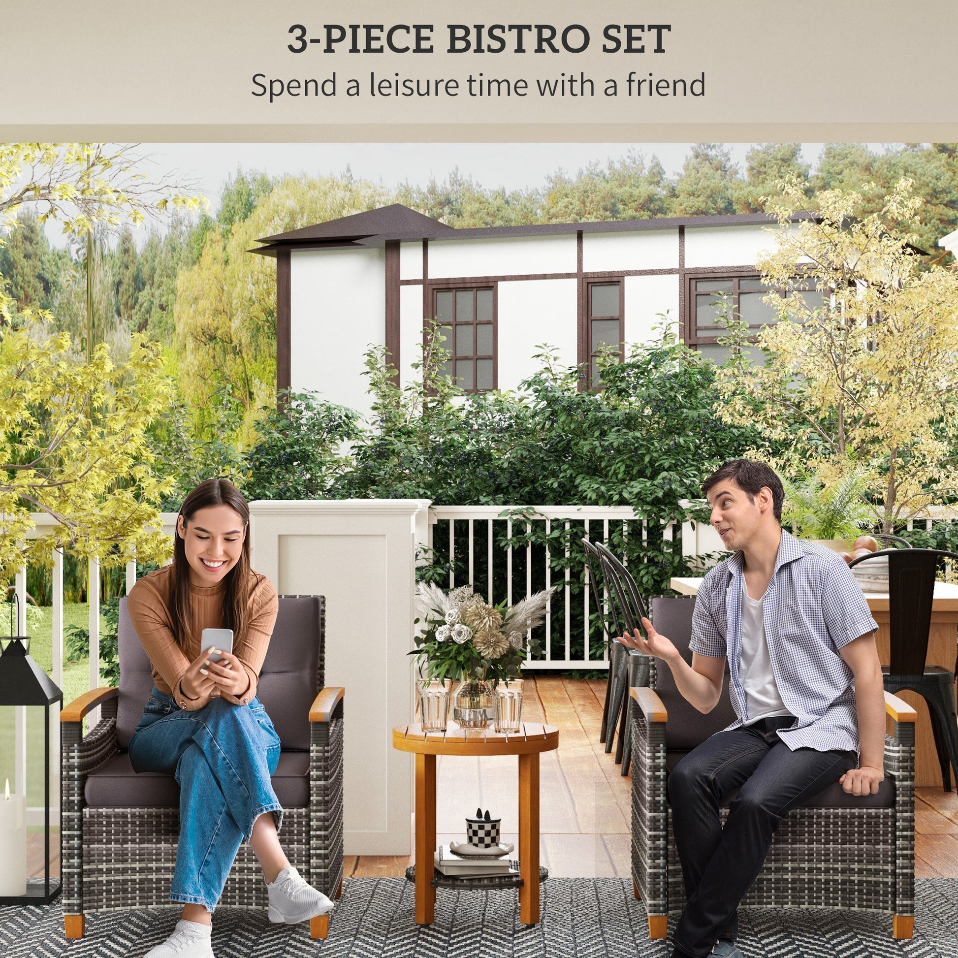 Outsunny 3 Pieces Patio Bistro Set Wooden With Cushions, Pe Wicker Patio Furniture Outdoor For Porch, Backyard, Garden, Gray Gray Rattan Metal