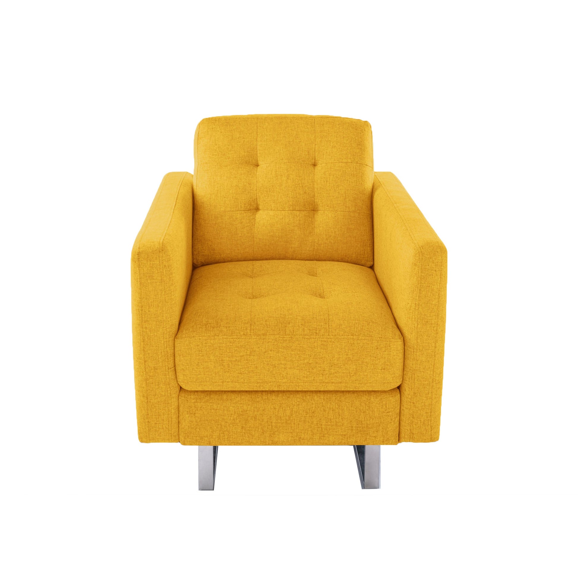 Lewa 34 Inch Modern Accent Armchair, Silver Metal Legs, Tufted Seat, Yellow Yellow Solid Wood