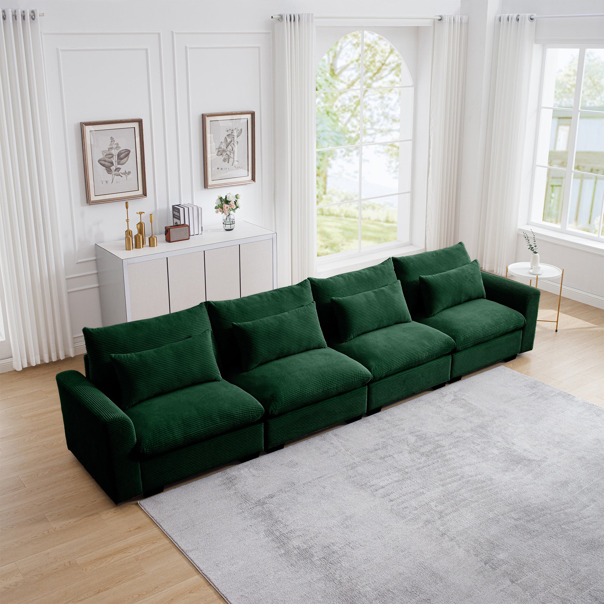 4 Seater Deep Seat Couches For Living Room, Comfy Green Corduroy Sofas For Living Room Modern With 4 Waist Pillows Green Corduroy 4 Seat