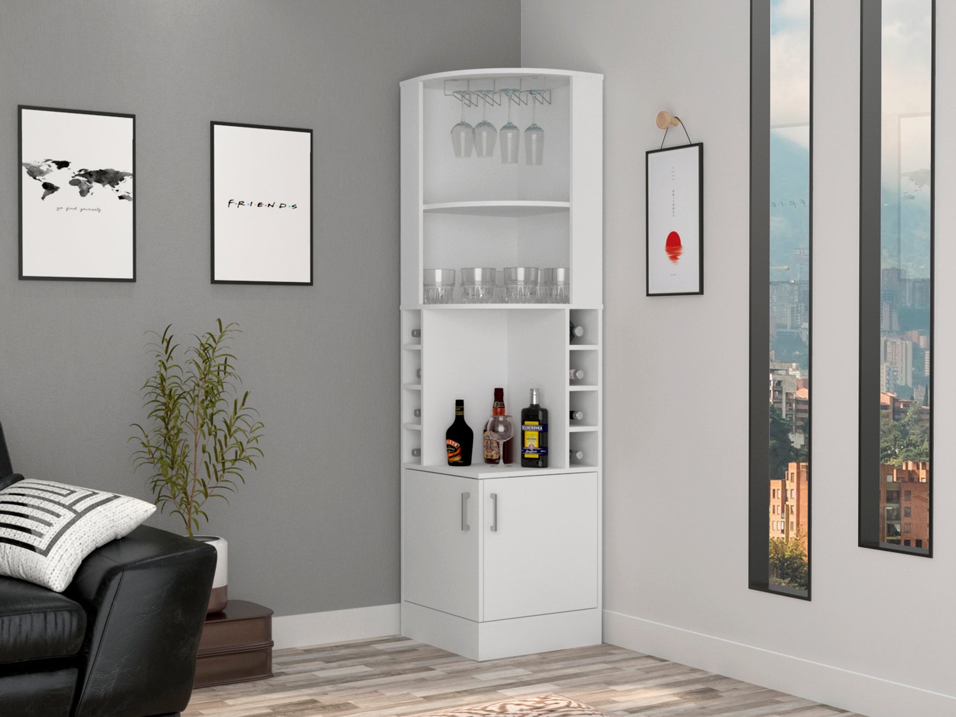 Syrah Corner Bar Cabinet, Two External Shelves White White Particle Board Particle Board