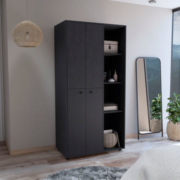 Misuri Wardrobe Armoire With Double Door, Drawer, Hanging Rodss, And Open Shelves Black Black Bedroom Particle Board