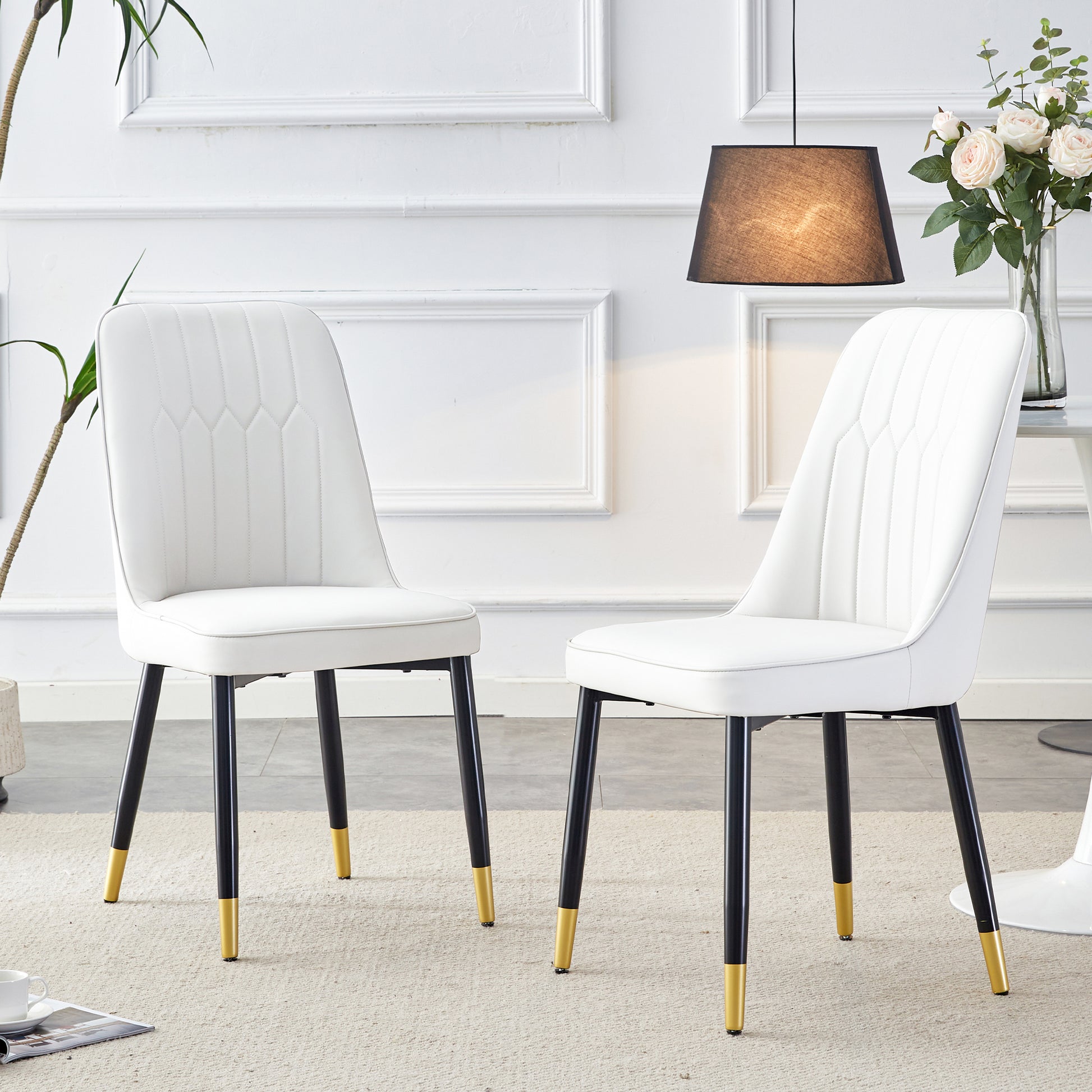 Large Modern Minimalist Rectangular Dining Table With 0.39 "Imitation Marble Black Desktop And Gold Metal Legs, Paired With 6 Chairs With Pu Cushions And Black Metal Legs.F 1538 C 007 Black Gold Glass Metal