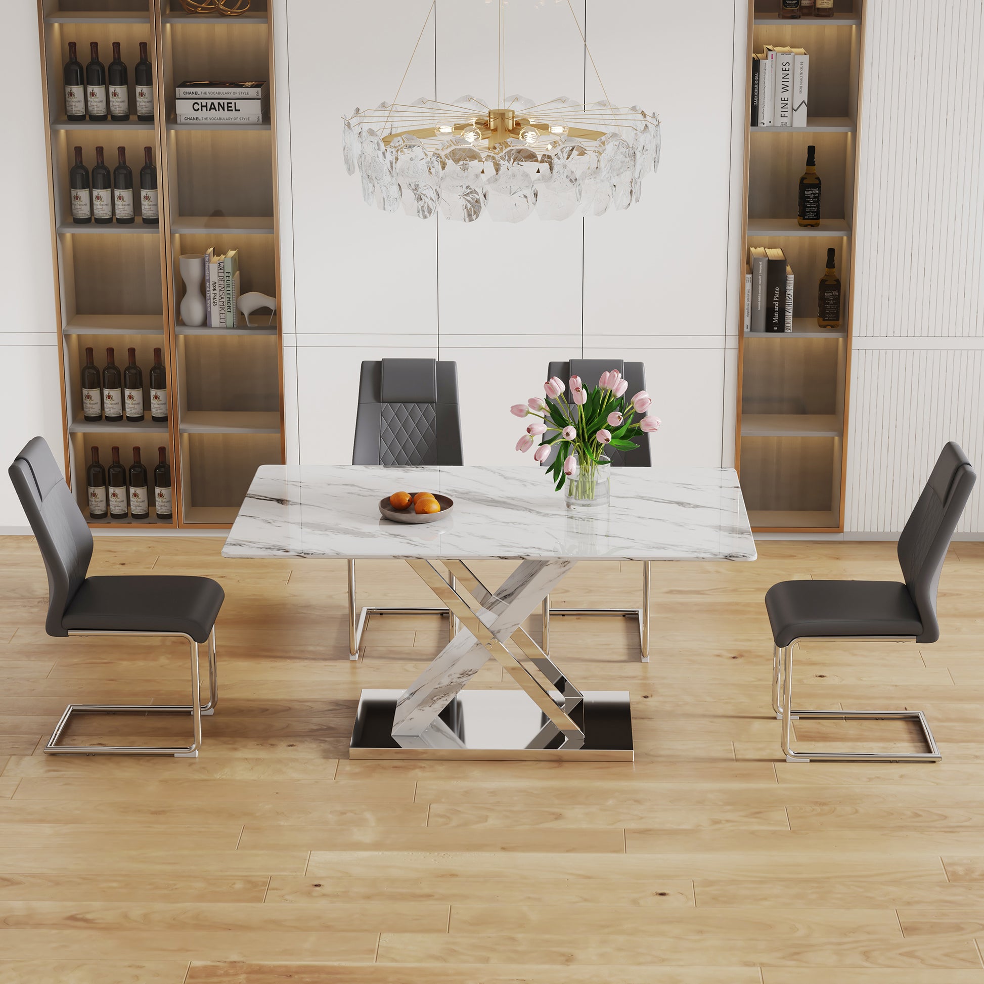 Table And Chair Set, Modern Dining Table, Imitation Marble White Top And Silver Legs, Soft And Comfortable Dining Chair, Perfect For Dinner, Meetings, Home And Office Decor Grey Silver Glass Metal