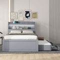 Twin Xl Size Platform Bed With Storage Led Headboard, Charging Station, Twin Size Trundle And 2 Drawers, Gray Box Spring Not Required Twin Xl Gray Wood Bedroom Bed Frame Solid Wood Mdf