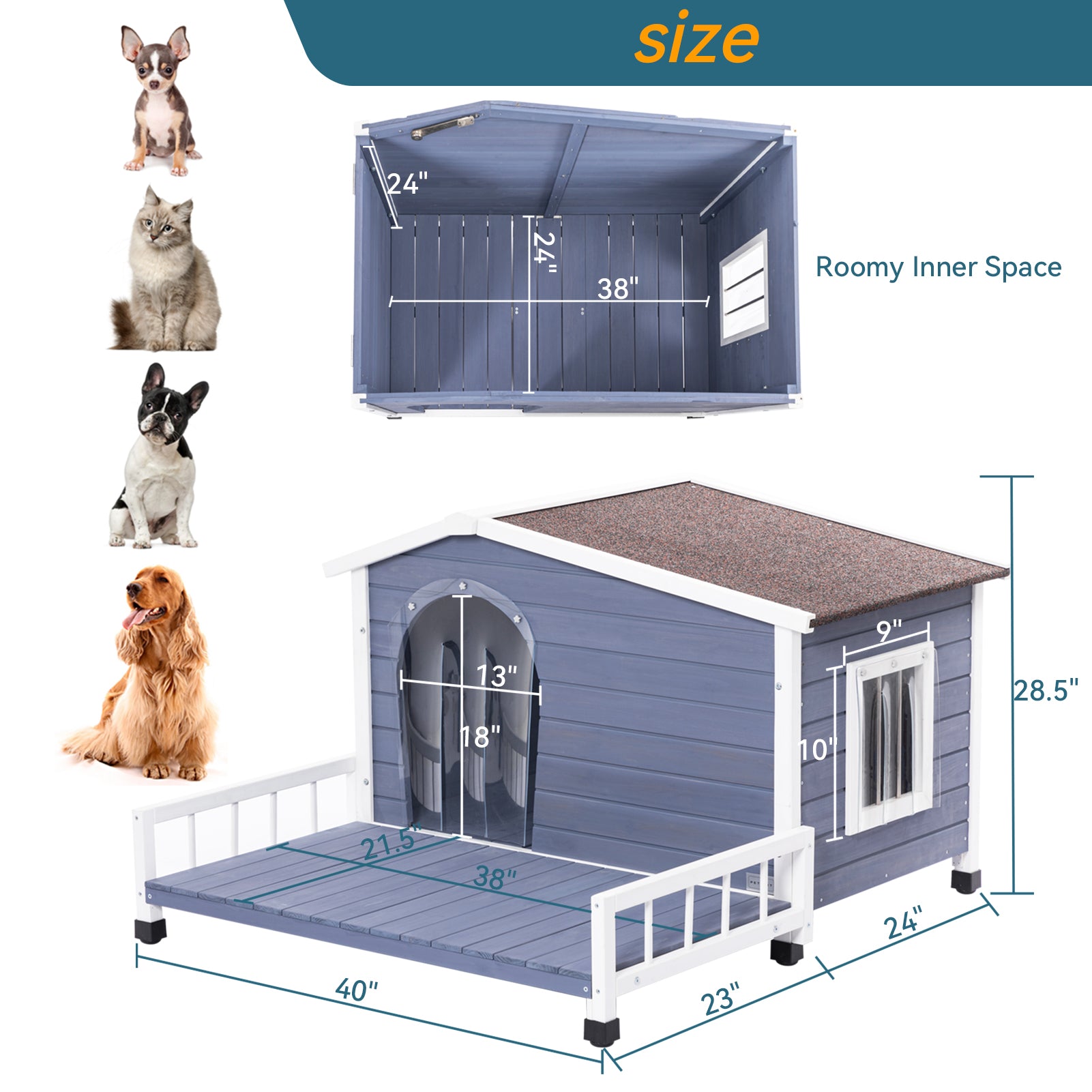 Large Wooden Dog House Indoor Outdoor With Terrace And Open Waterproof Asphalt Roof, Outdoor Dog House With Raised Floor, Windows And Door Curtains, Suitable For Small And Medium Dogs Grey Outdoor Use Dog Solid Wood