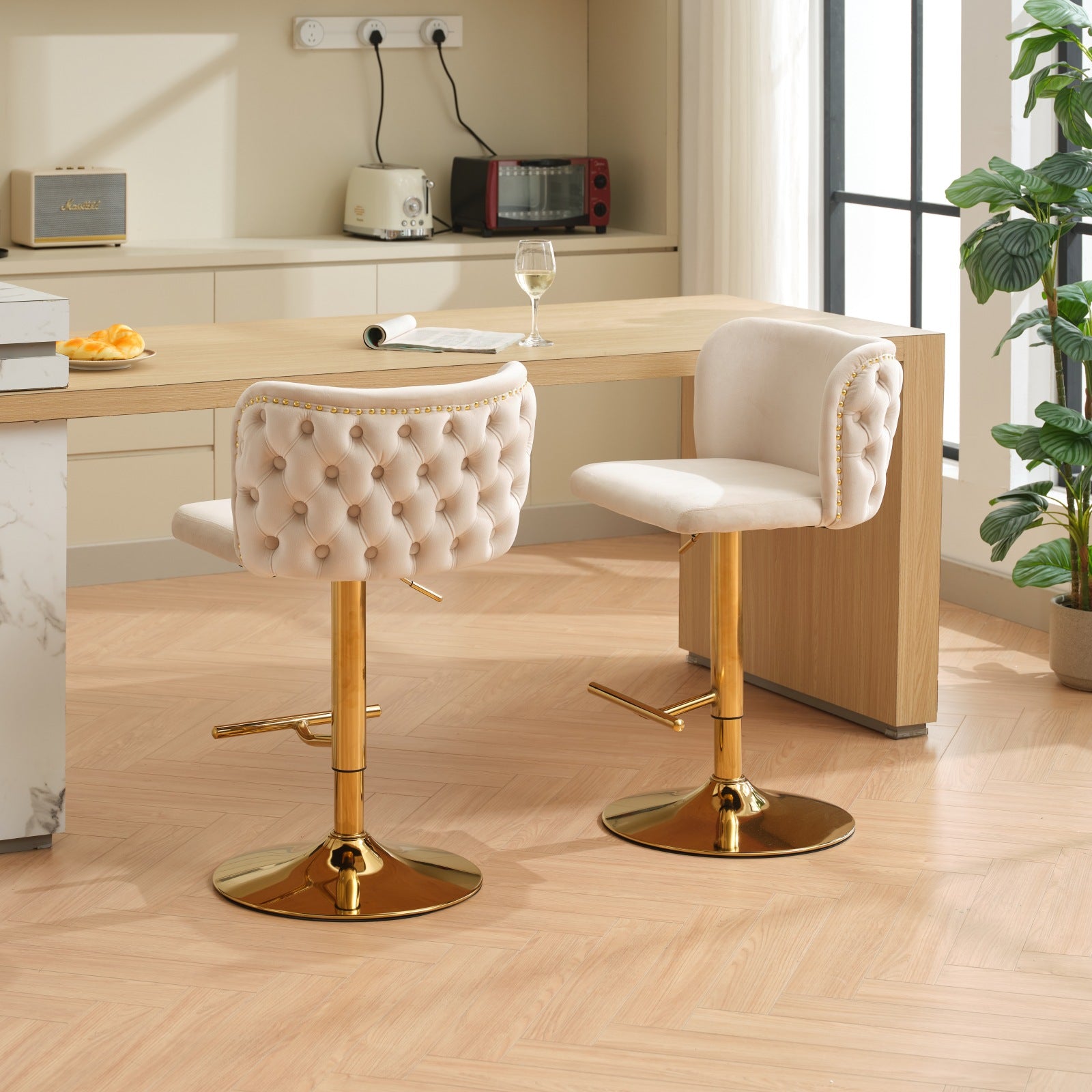 Swivel Barstools Adjusatble Seat Height With Gold Plating Base, Classic Velvet Upholstered Bar Stools With The Whole Back Tufted, For Home Pub And Kitchen Island,Beige, Set Of 2 Beige American Design Bar Stools Set Of 2 Foam Velvet