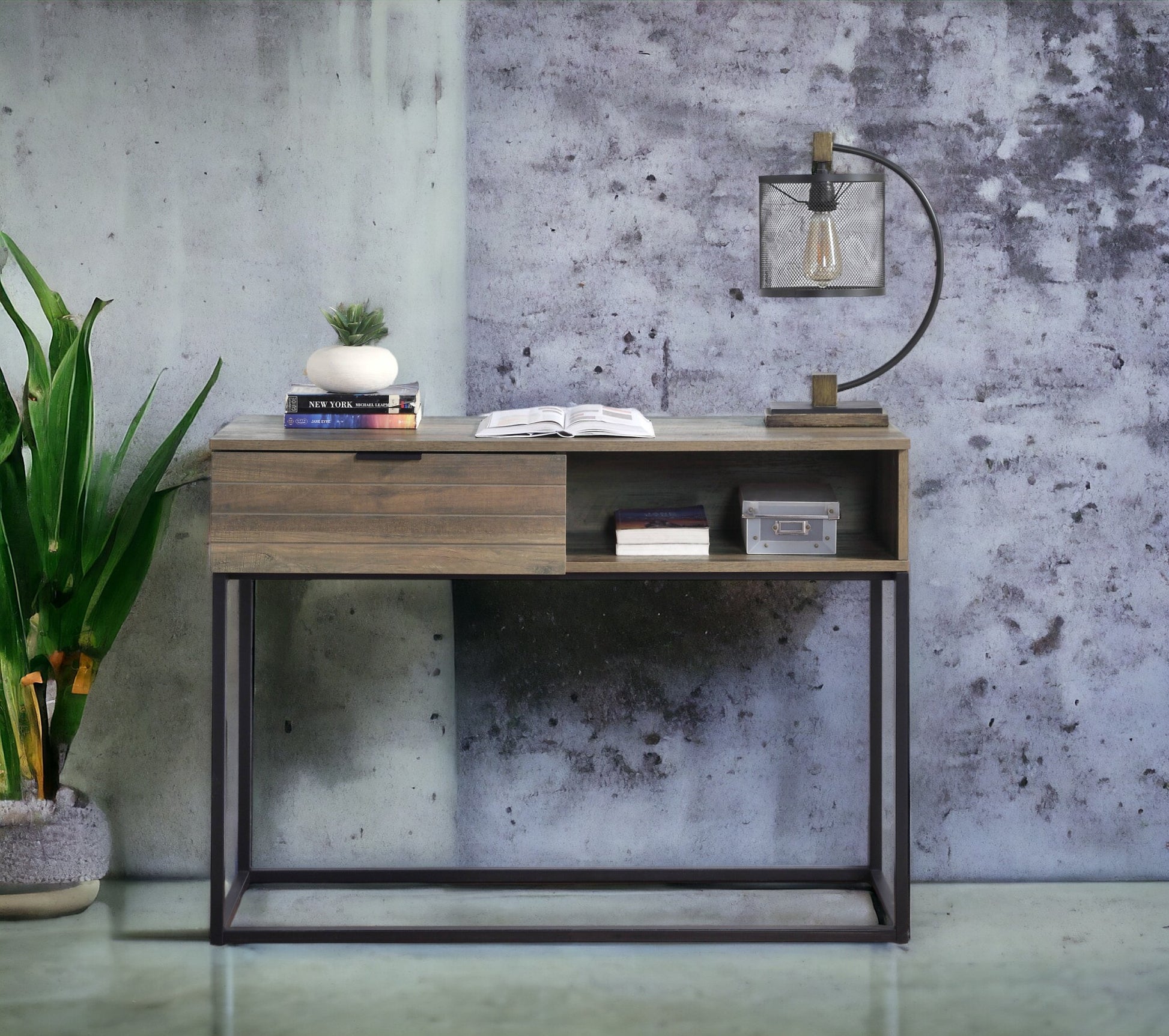 Galeno Writing Desk, Rustic Oak & Black Finish Of00320 Black Mdf Metal