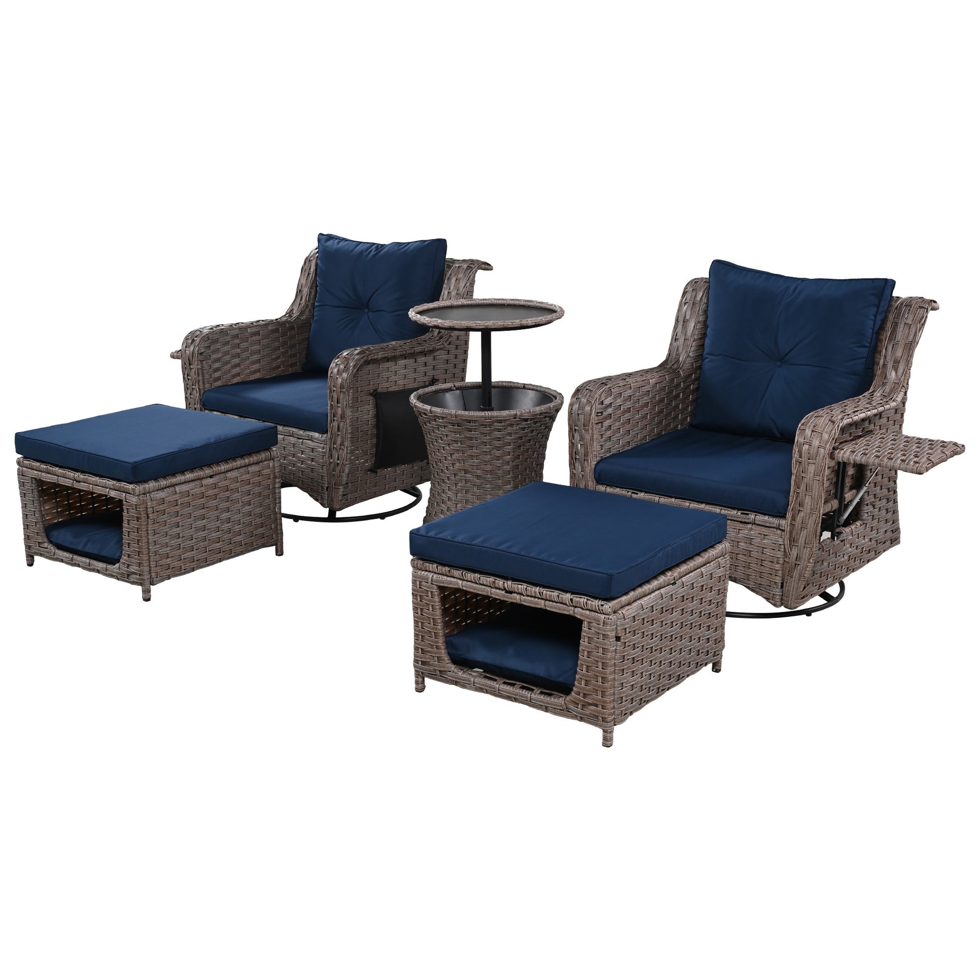 K&K 5 Pieces Outdoor Patio Furniture Set With Pet House Cool Bar And Retractable Side Tray, Rattan Wicker Patio Swivel Rocking Chairs Set Of 2 With Ottomans For Backyard, Porch, Balcony, Navy Blue Yes Rocker & Glider Navy Blue Seats 2 Weather Resistant