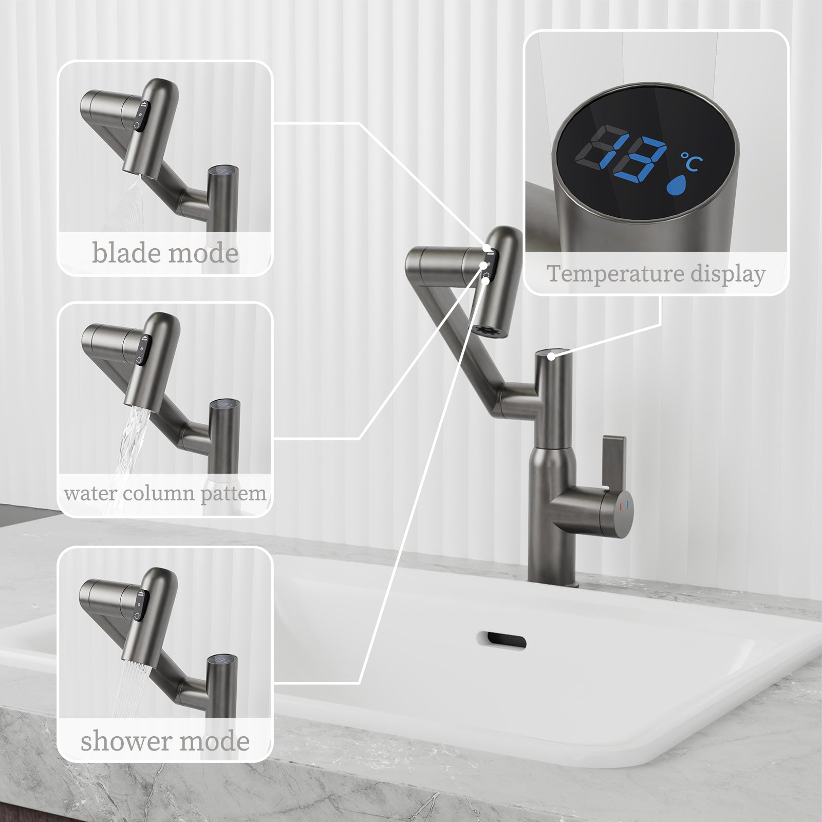 Gun Grey Bathroom Sink Faucet With Spray Function And Temperature Display For Anti Skid Switch And Hot & Cold And 360 Rotary One Gunmetal Deck Mounted Single Hole Faucets Bathroom Contemporary Brass Manual