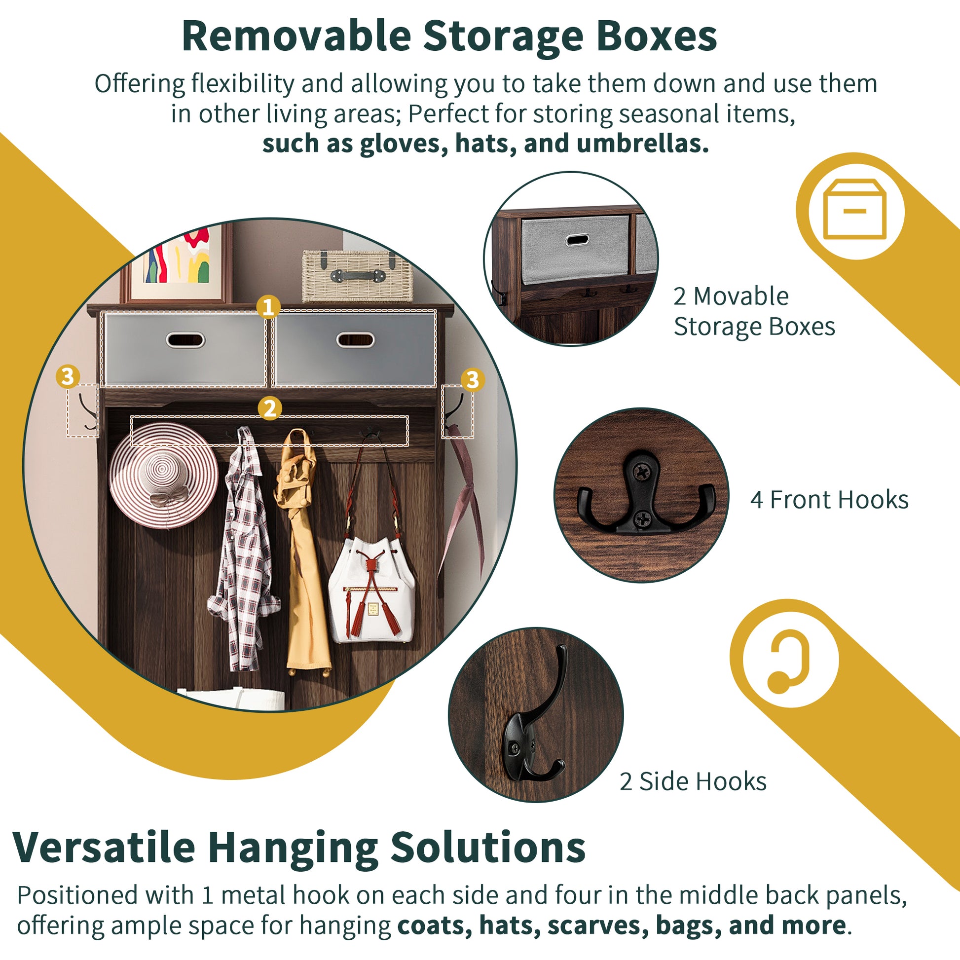 Hall Tree With 6 Hooks And Hinged Lid, Coat Hanger, Entryway Bench, Storage Bench, 3 In 1 Design, 69Inch, For Entrance, Hallway Brown Mdf