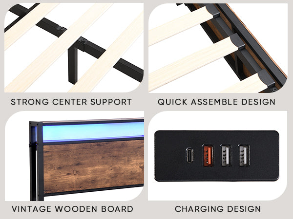 Lift Up Storage Bed Frame, Full Size Bed Frame With Bookcase Headboard & Led Lights, Wooden Platform Bed Frame With Charging Station, No Spring Box Needed, Rustic Brown Box Spring Not Required Full Rustic Brown Metal Brown Bedroom Industrial Bed Frame