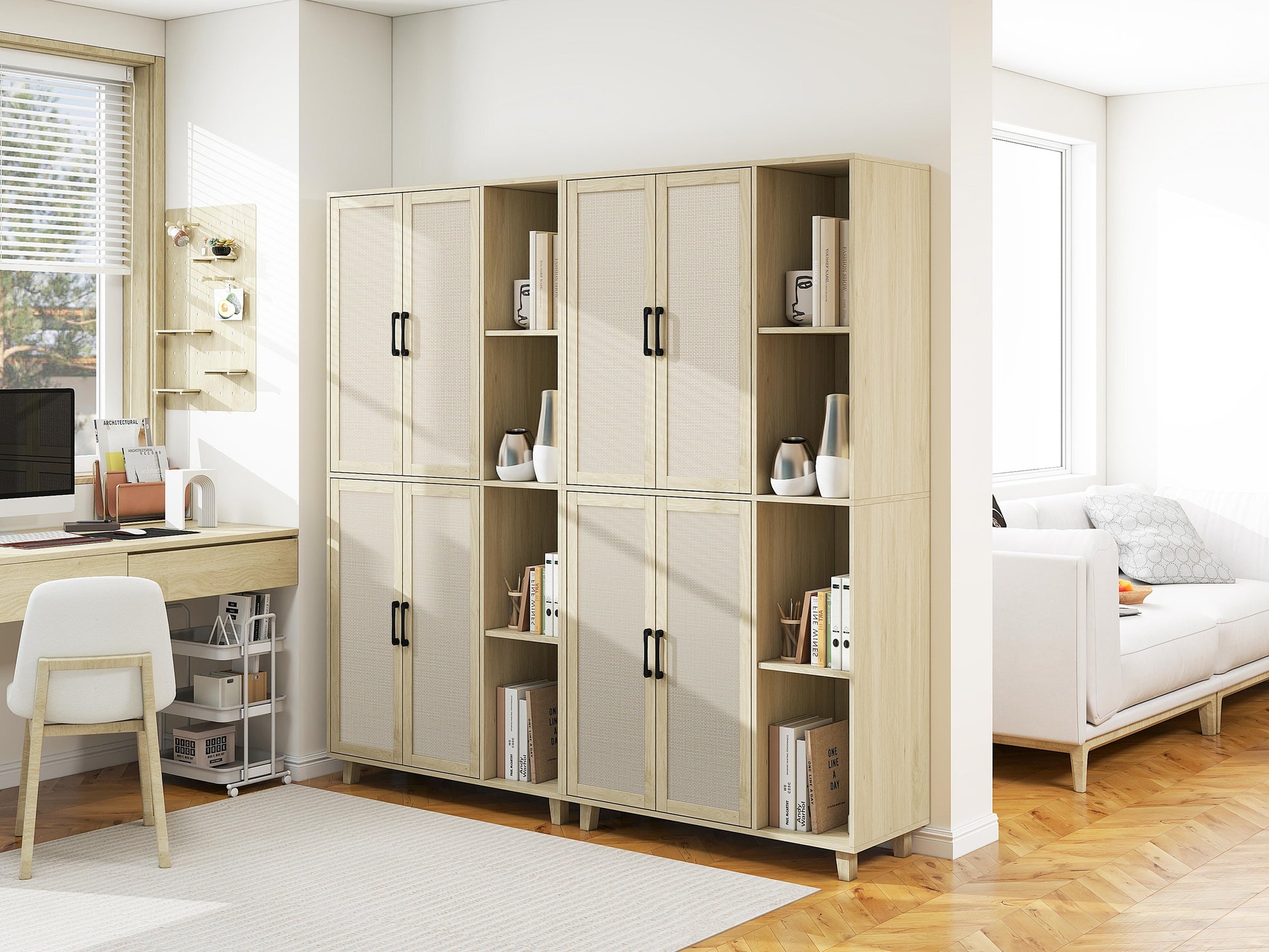 4 Door Cabinet With 4 Shelves With 4 Adjustable Inner Shelves, Storage Cabinet Natural Mdf