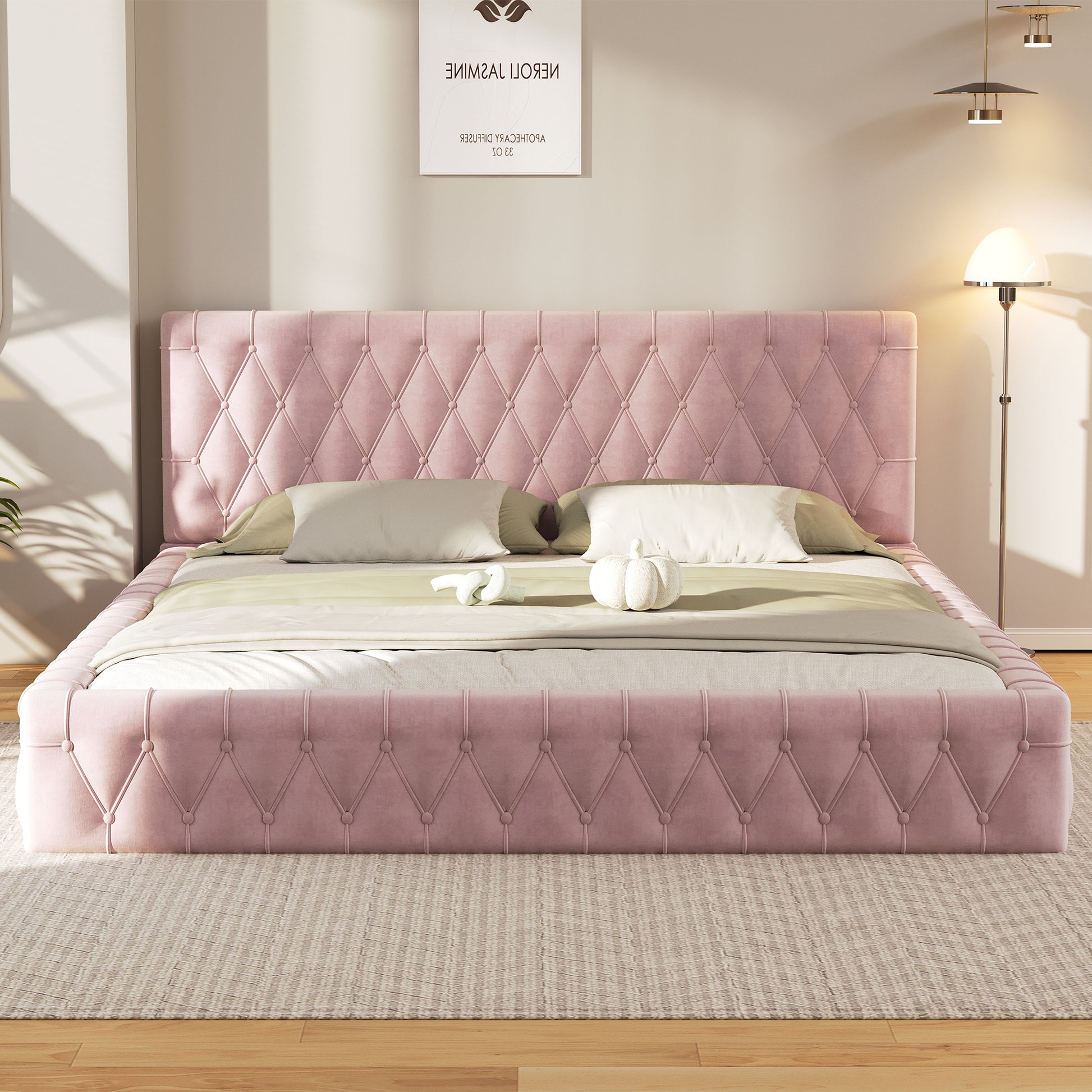 Queen Size Upholstered Bed With Tufted Headboard, Modern Velvet Platform Bedno Box Spring Required, Pink Queen Pink Solid Wood Mdf