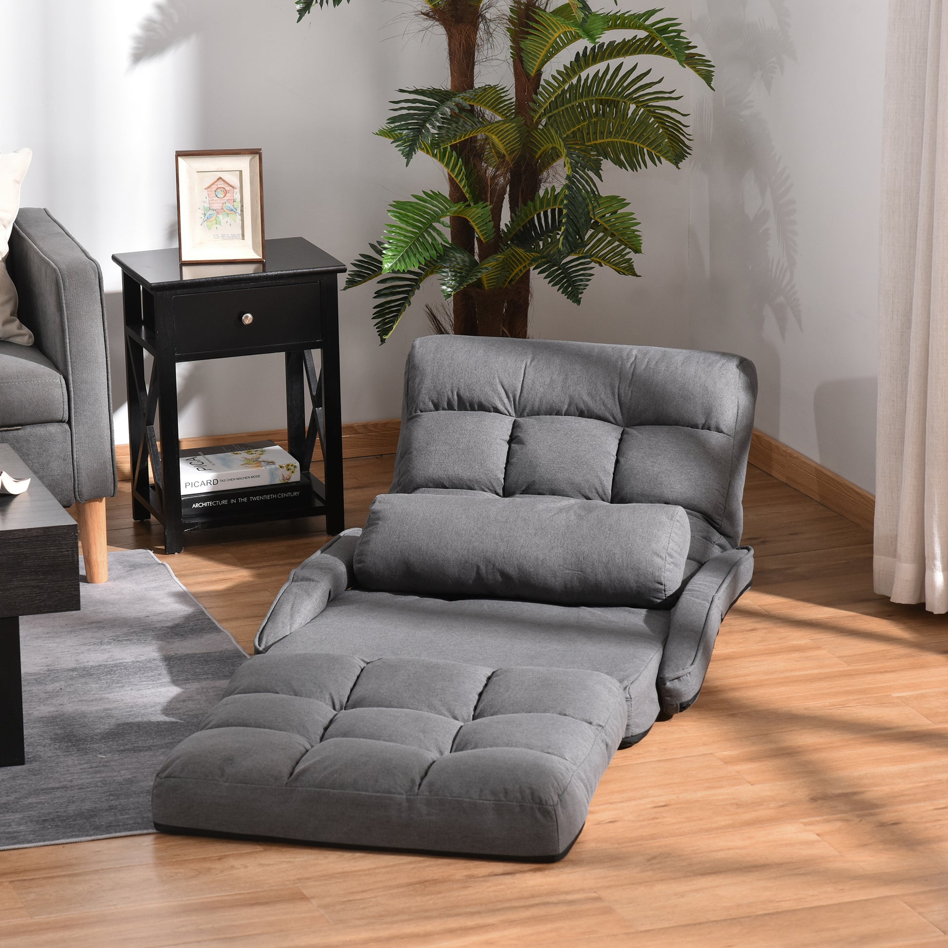 Homcom Convertible Floor Sofa Bed, Recliner Armchair Upholstered Sleeper Chair With Pillow For Living Room Bedroom Lounge, Grey Grey Polyester