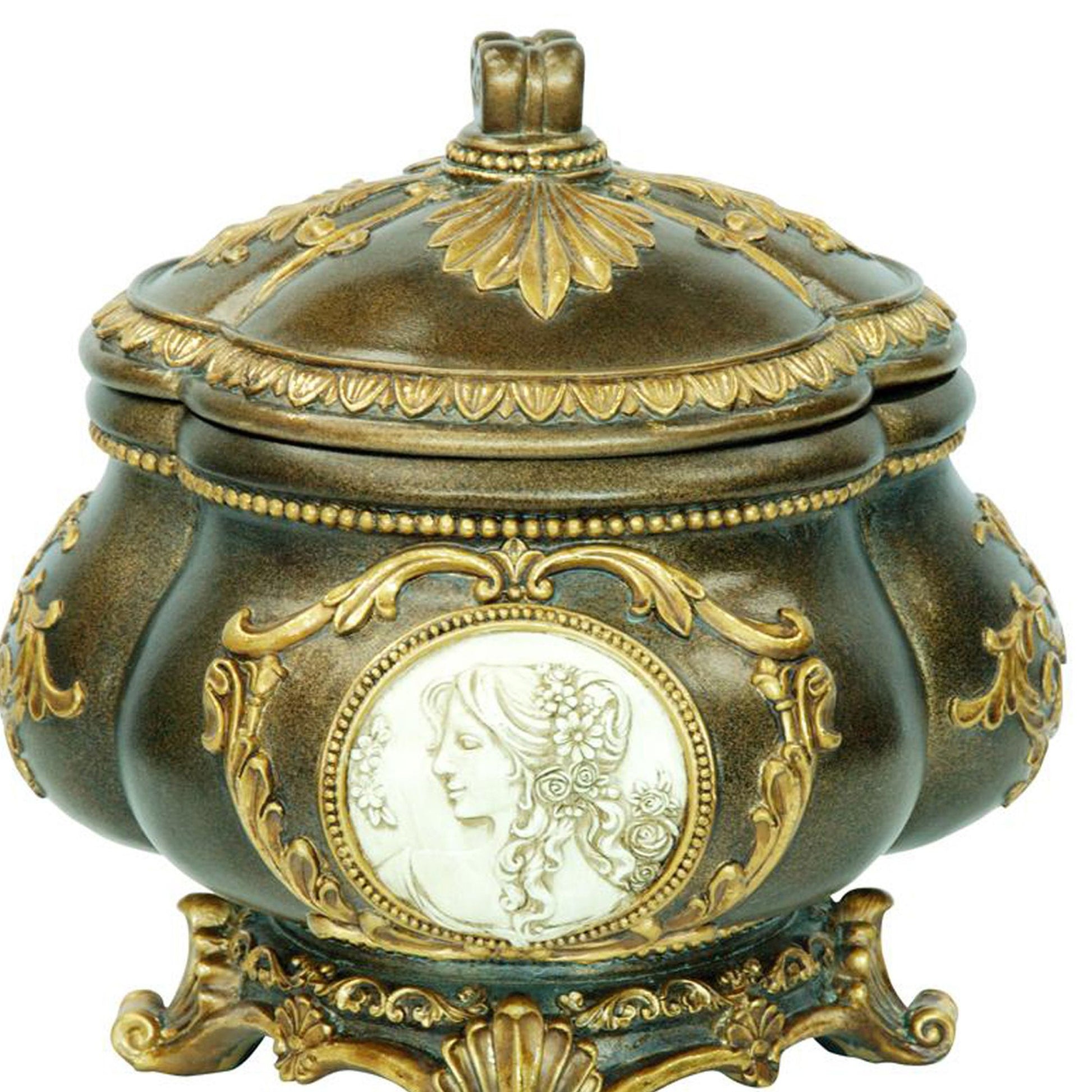 9" Tall Decorative Jewelry Box, Bronze Finish Bronze Polyresin