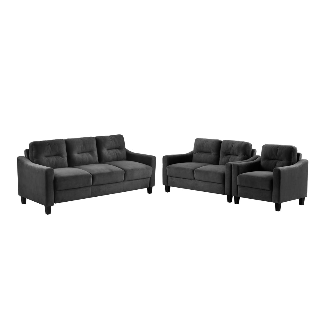 Couch Comfortable Sectional Couches Set 1 2 3 Black Velvet Wood Primary Living Space Soft Tufted Back Medium Duty Art Deco Oak Square Arms Memory Foam Velvet 6 Seat