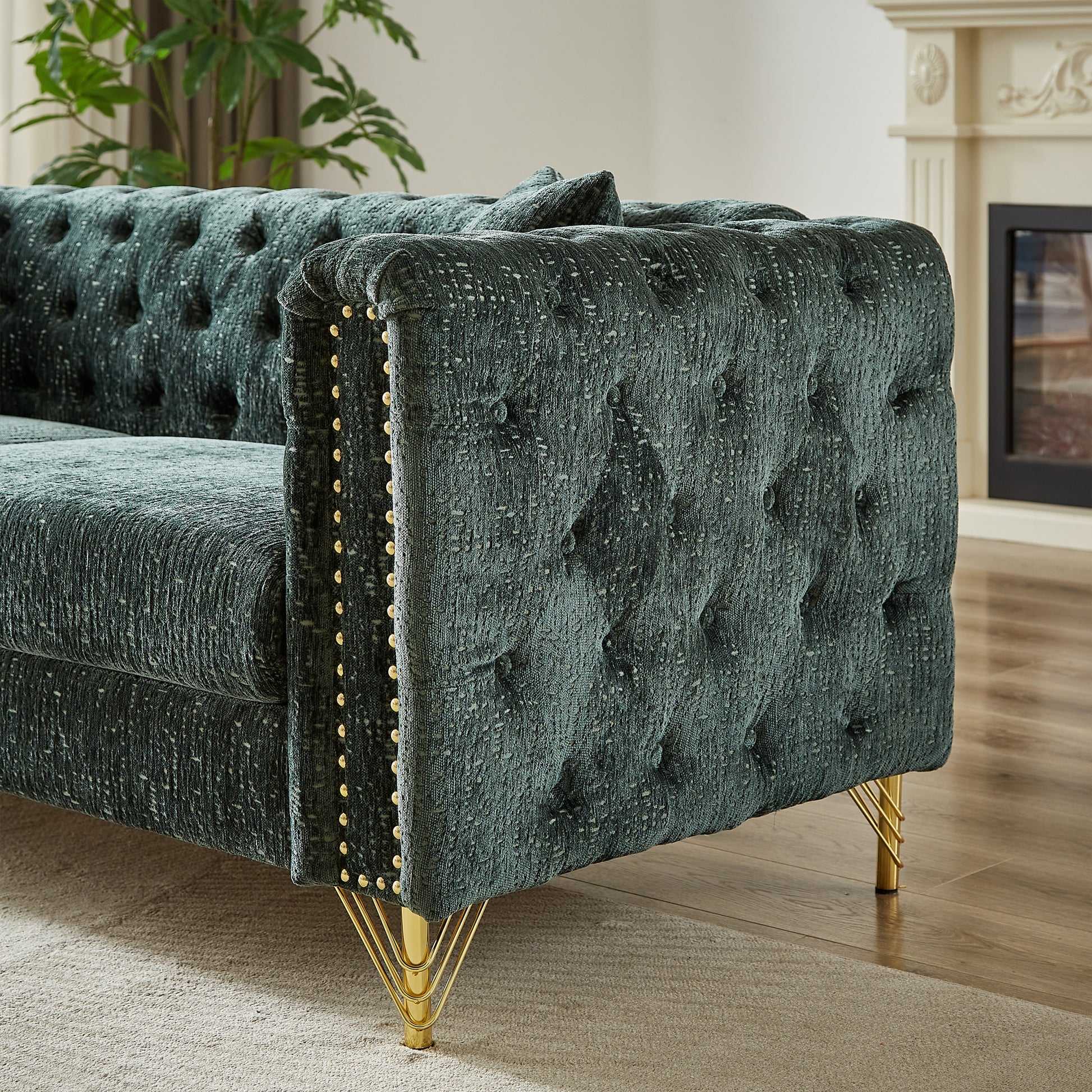 Chenille Pull Buckle Design Sofa For Living Room,Buttons Tufted With Copper Nail Decoration Armrest, Modern Couch Upholstered Button And Metal Legs Green Foam Chenille 6 Seat