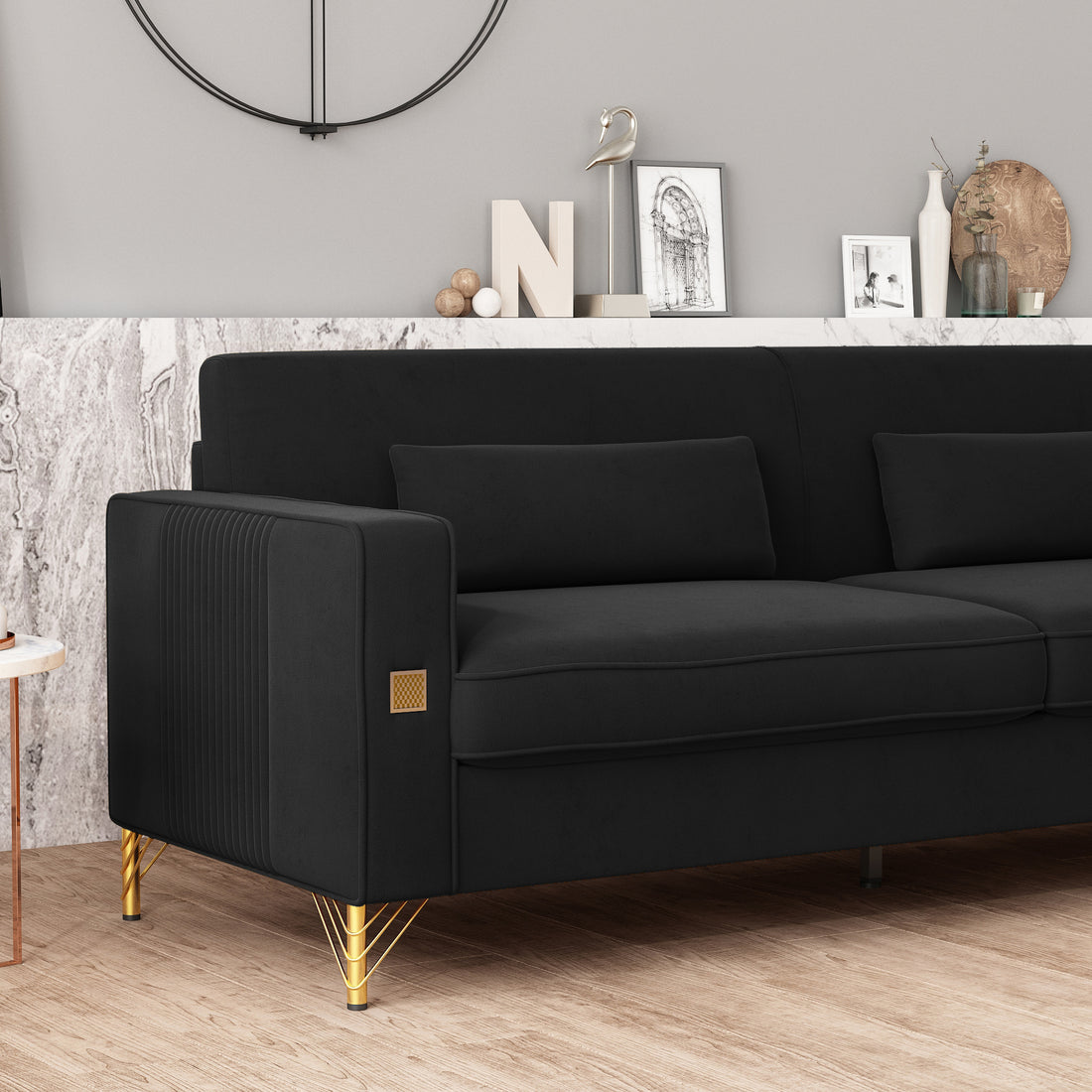 Fx P18 Bk Sofa Luxury Velvet Sofa With Gold Accents Modern 3 Seat Couch With Plush Cushions, Perfect For Living Room And Office Decor Black Velvet 3 Seat