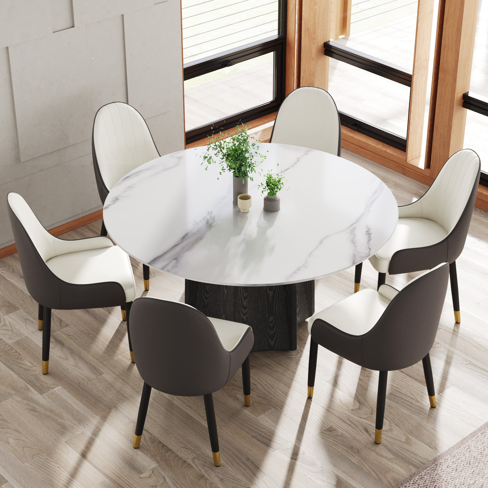 59.05" Round Marble Dining Table With Black Textured Solid Wood Base, Artificial Marble For 6 8 People, Dining Room Living Room Kitchen Dining Table,White Dining Table Only Black,White Dining Room