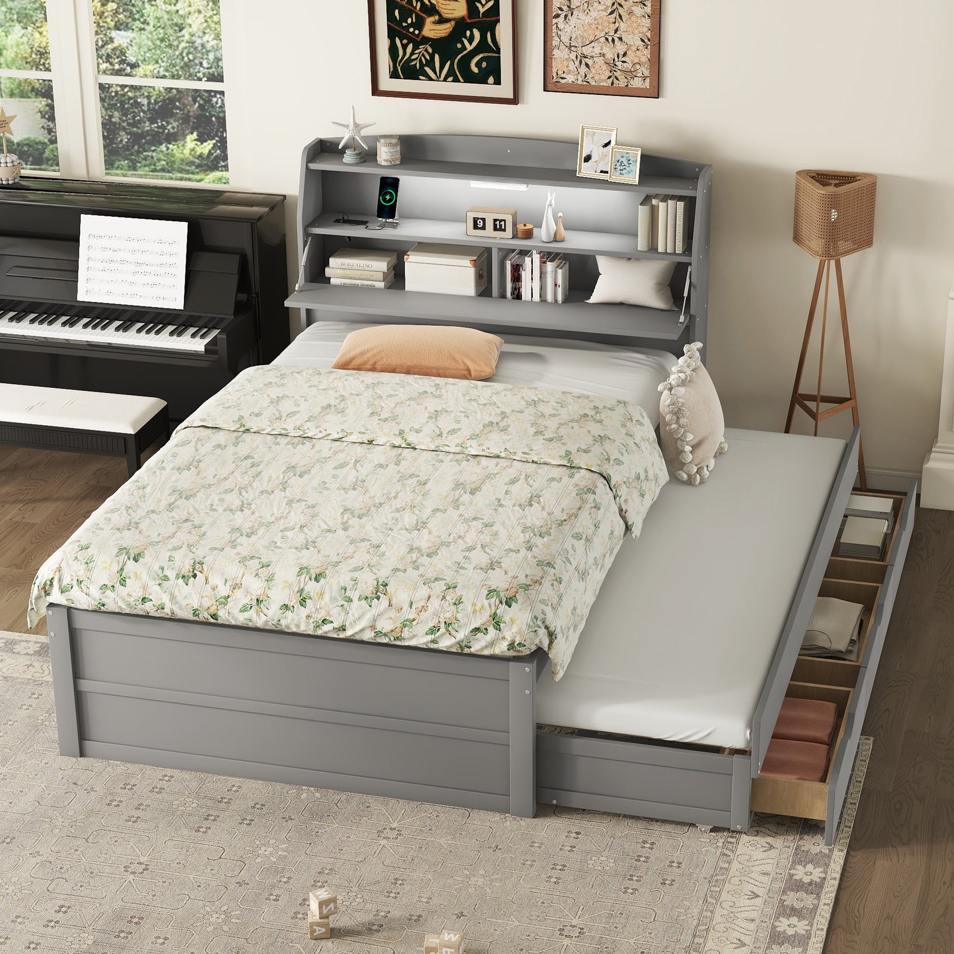 Full Size Wooden Led Platform Bed With Trundle, With Storage Headboard, With Drawers, Gray Full Gray Plywood